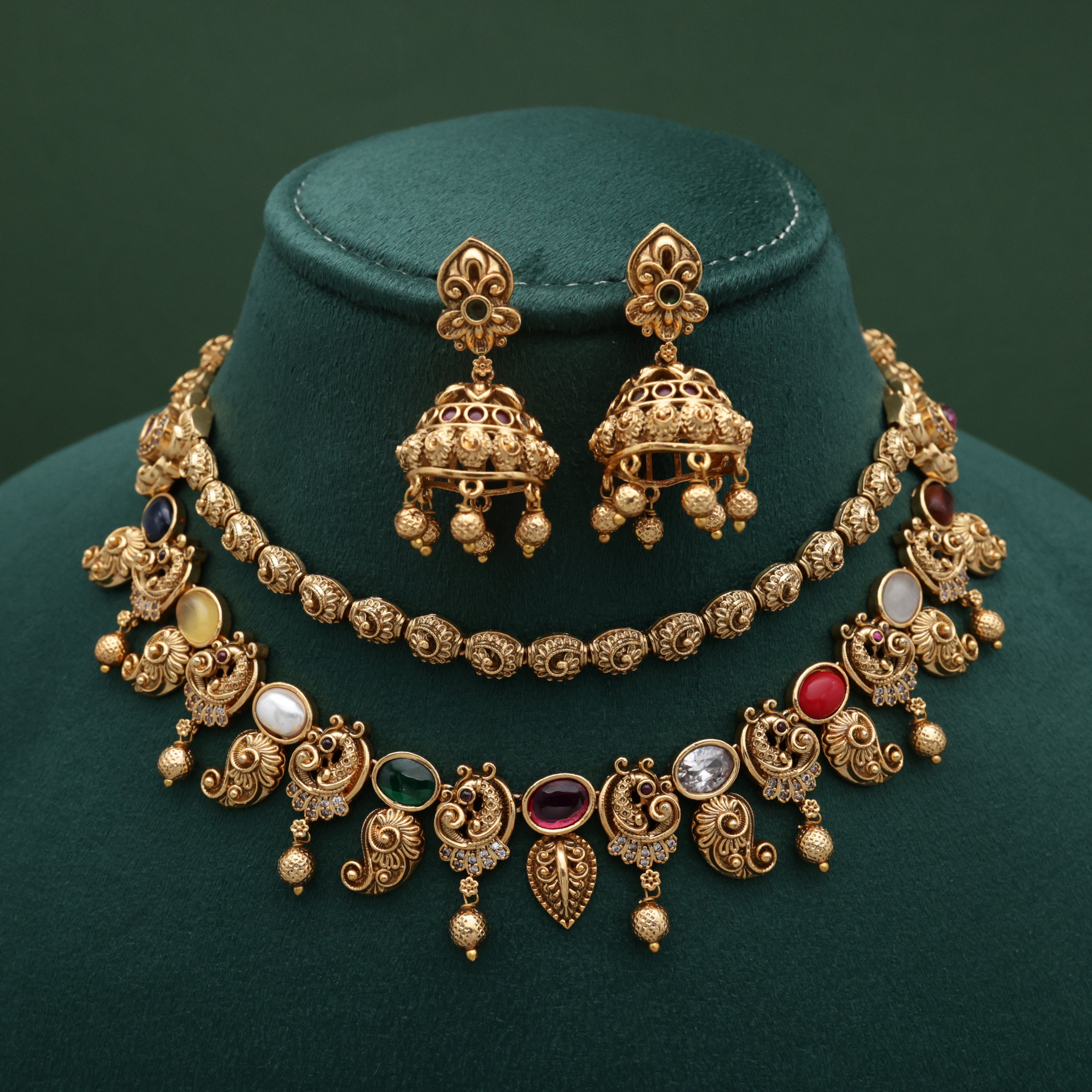 Gold Look Antique Navarathna Mango Peacock Double Layer Necklace Set