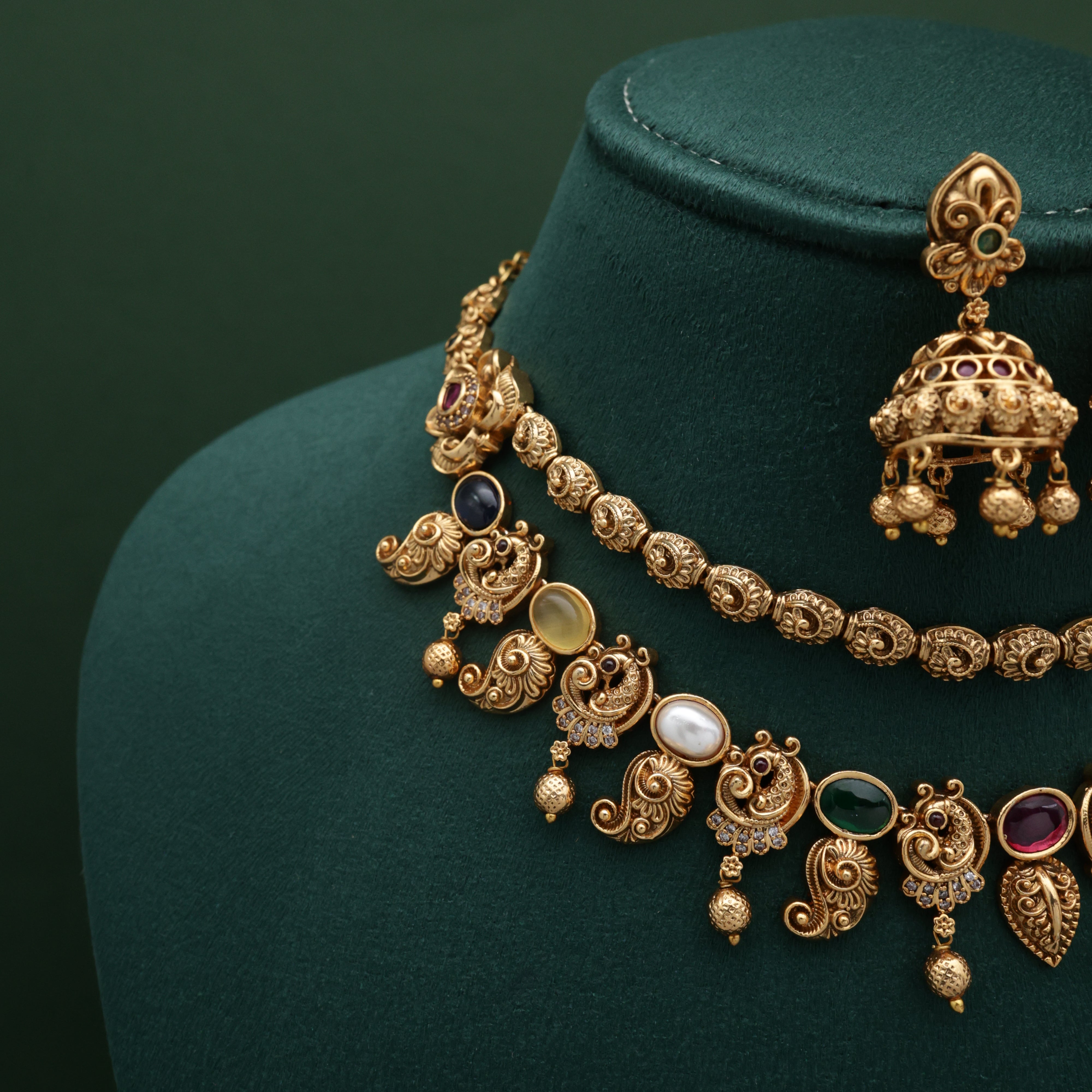 Gold Look Antique Navarathna Mango Peacock Double Layer Necklace Set