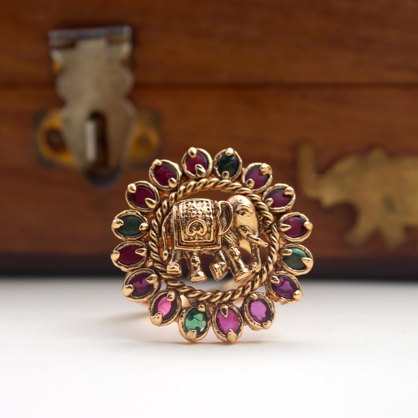 Antique Gold Kemp Elephant Adjustable Bridal Finger Ring
