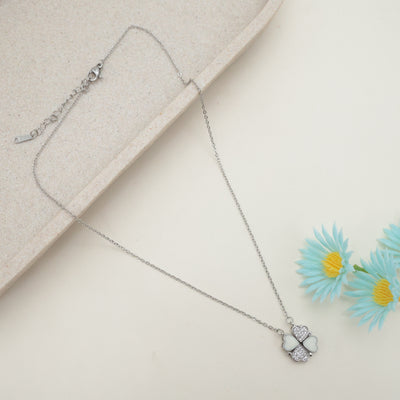 SILVER TONE ANTI TARNISH SHORT CHAIN - TWO IN ONE MAGNETIC WHITE STONE HEART FLOWER