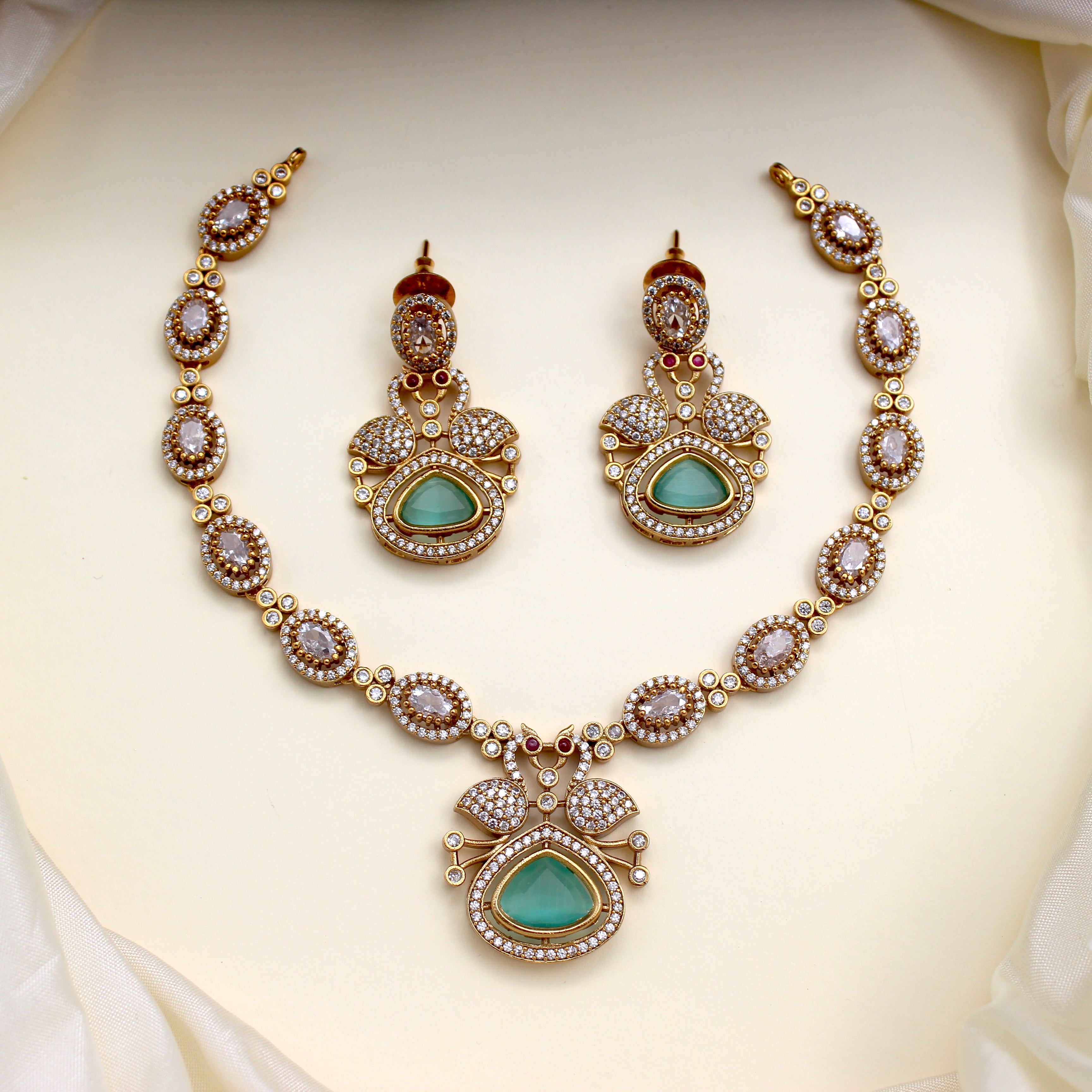 Diamond Look AD Peacock Lightweight Bridal Necklace Set