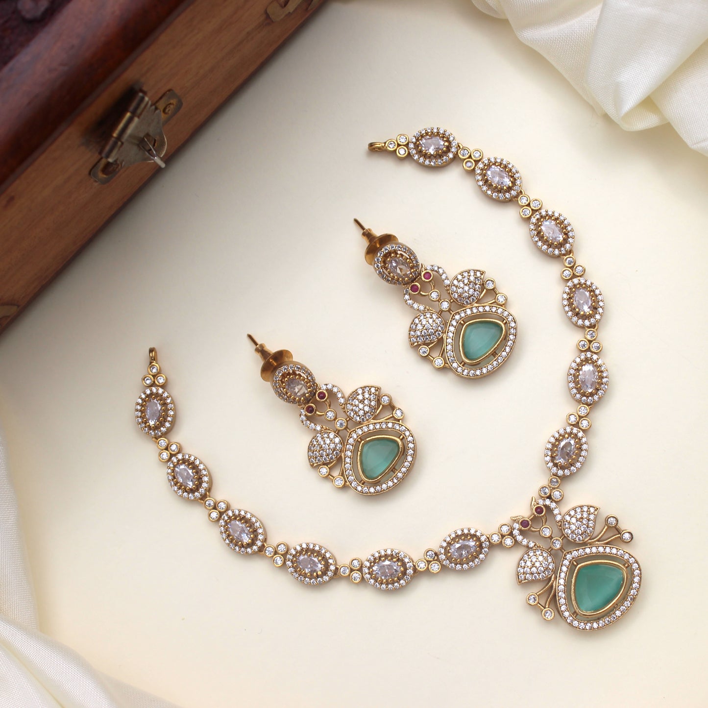 Diamond Look AD Peacock Lightweight Bridal Necklace Set