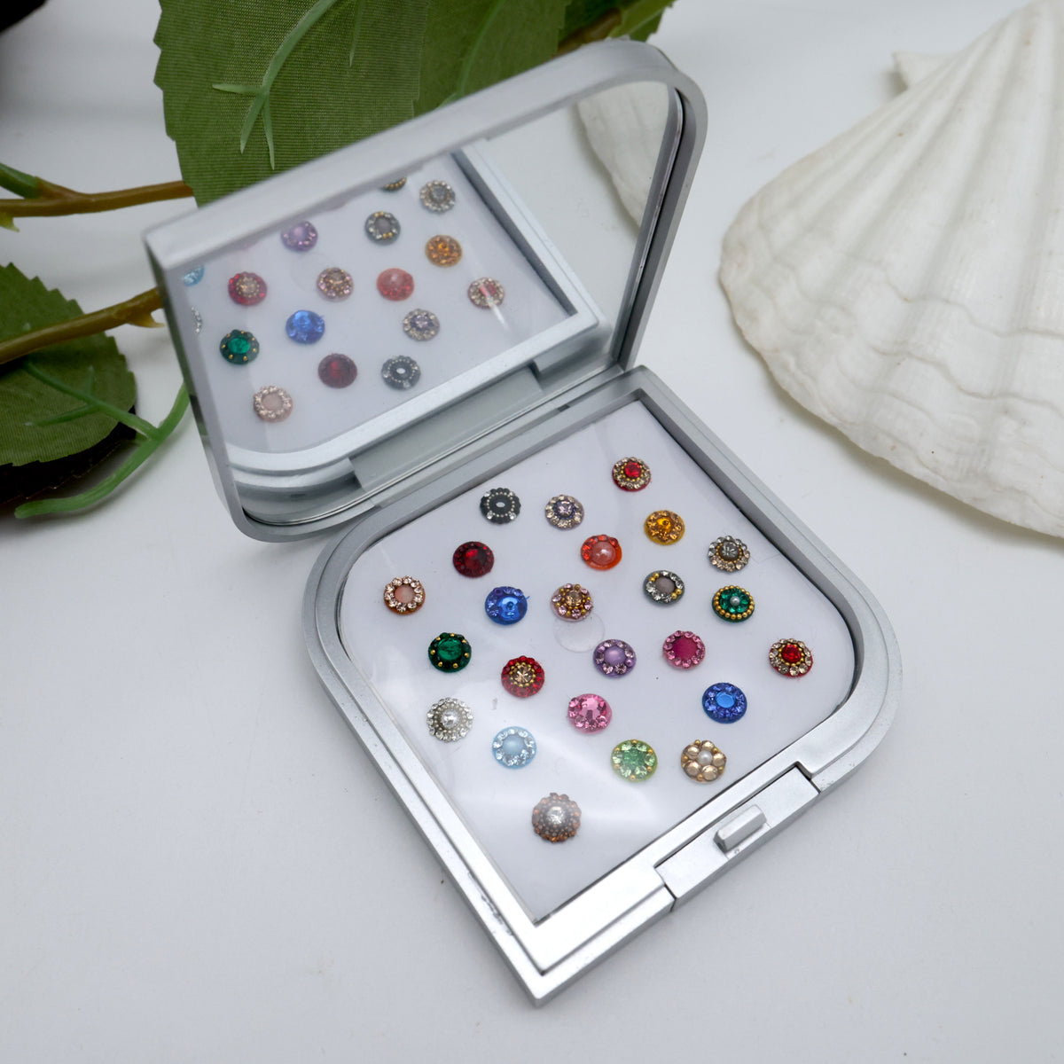 Premium Stone Work Fancy Round Bindi Box With Mirror