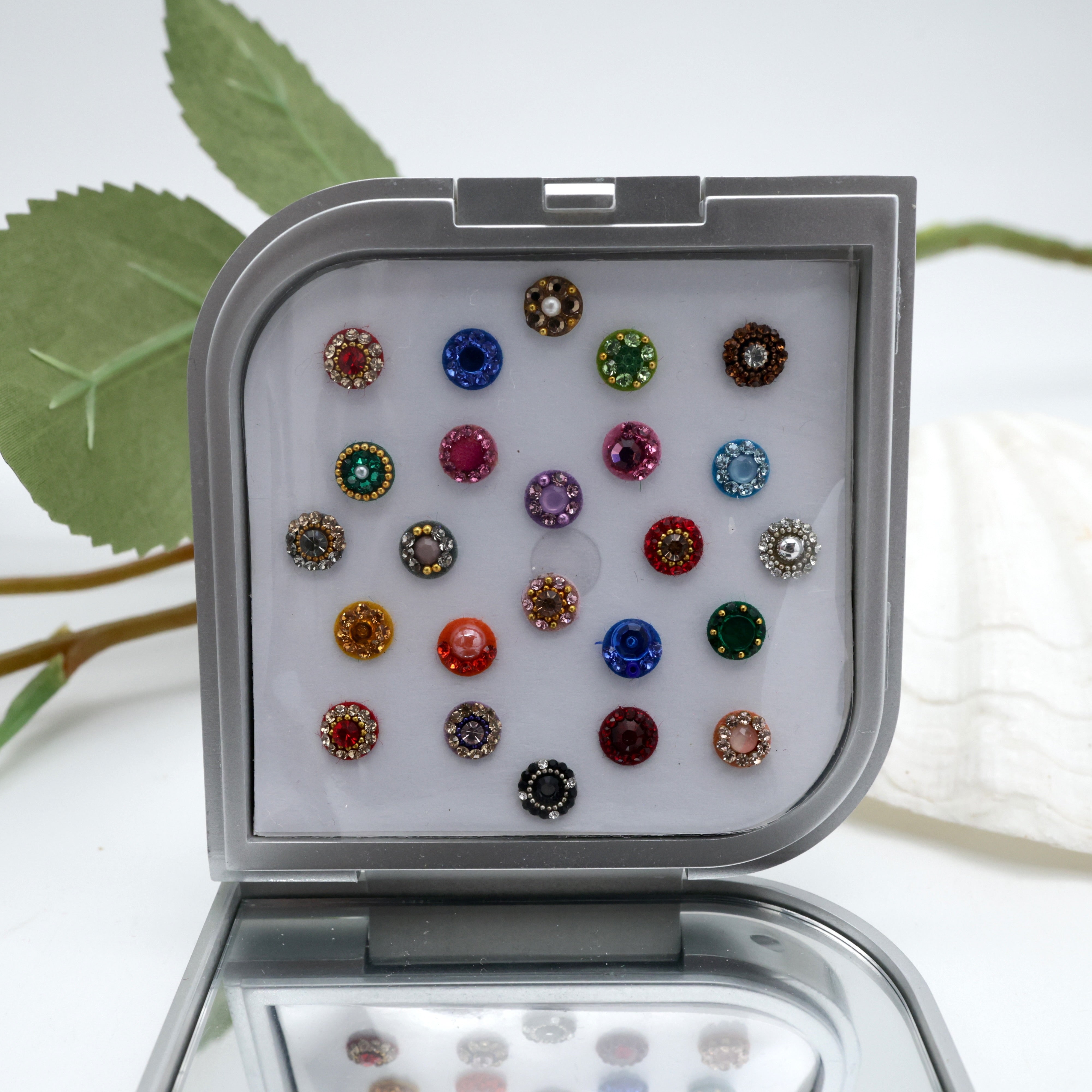 Premium Stone Work Fancy Round Bindi Box With Mirror