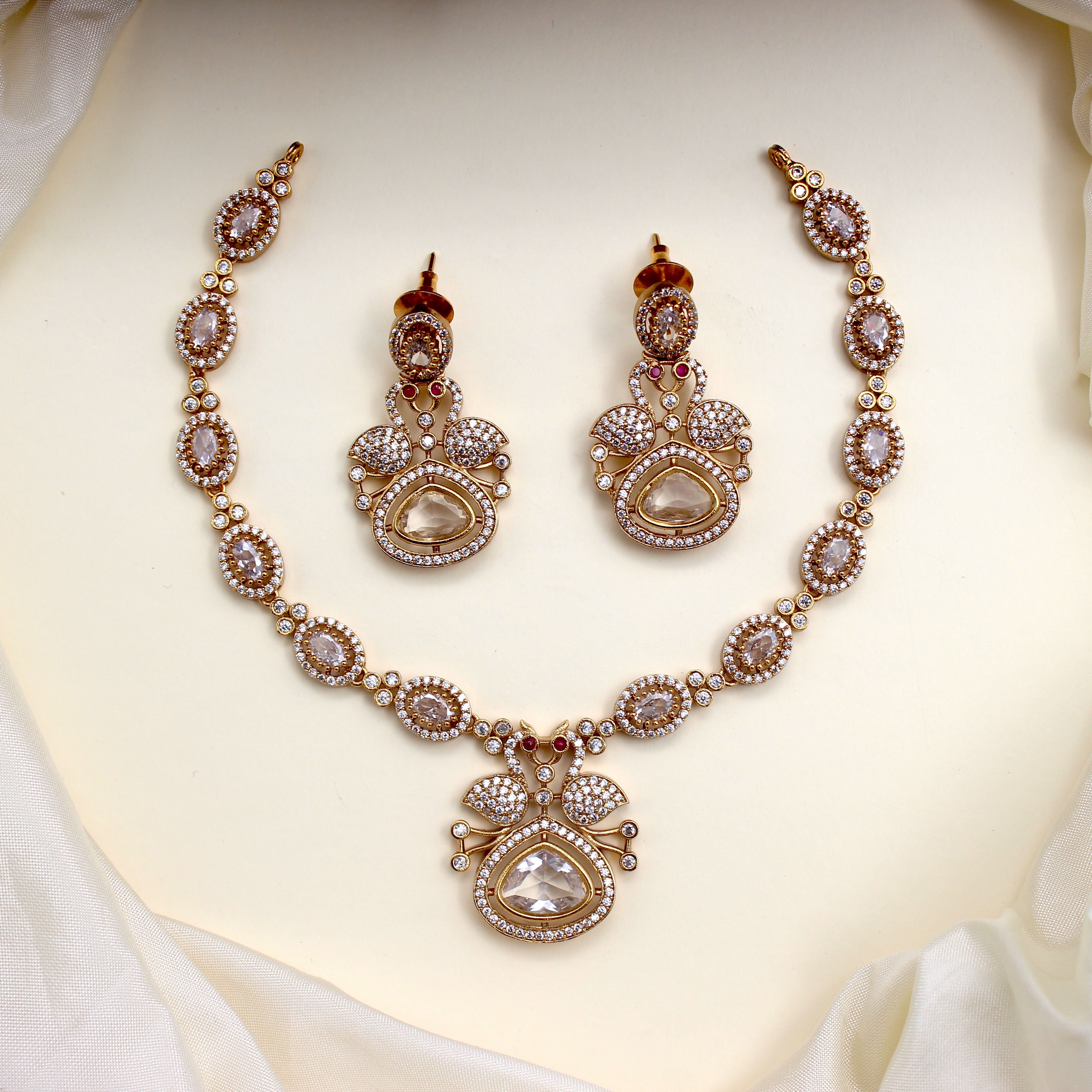 Diamond Look AD Peacock Lightweight Bridal Necklace Set