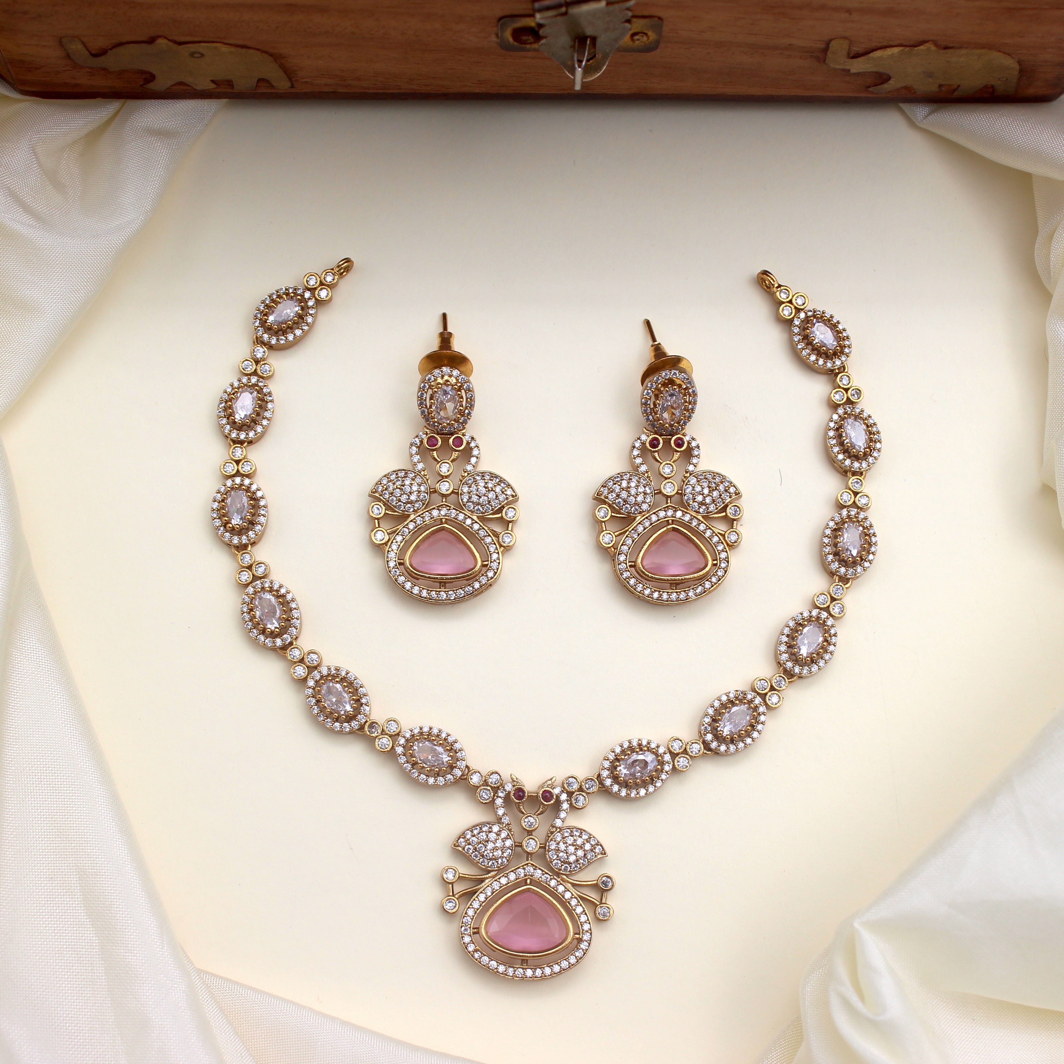 Diamond Look AD Peacock Lightweight Bridal Necklace Set