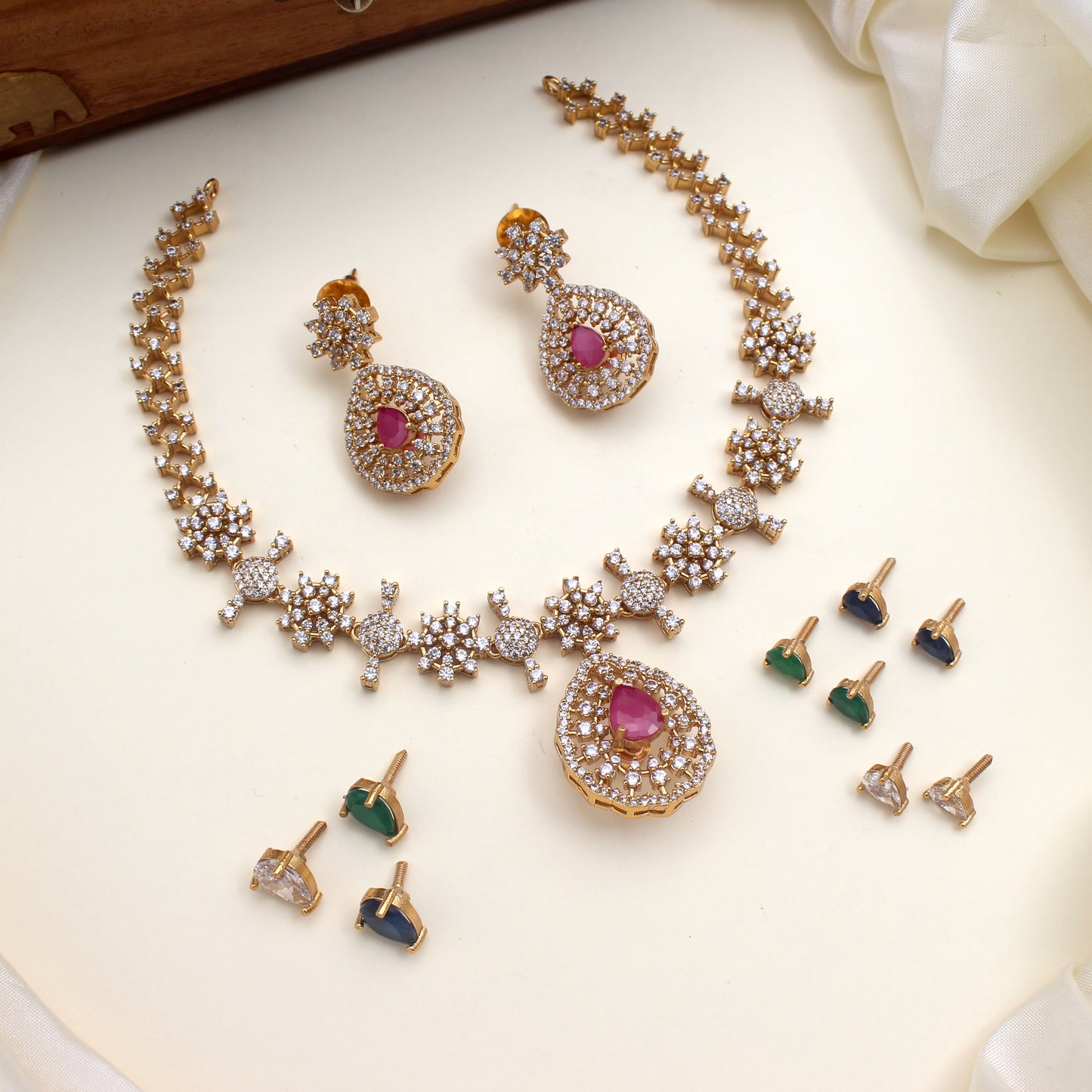 Diamond Look Flower AD Stone Changeable Necklace Set