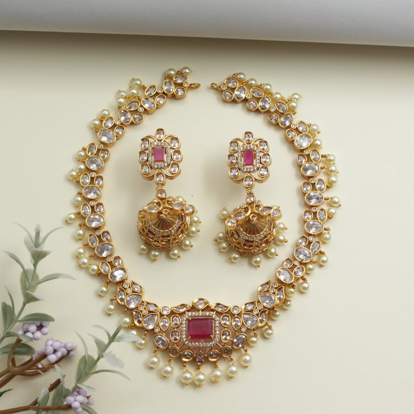 Diamond Look AD Doublet No Idol No Figure Bridal Necklace Set - Ruby