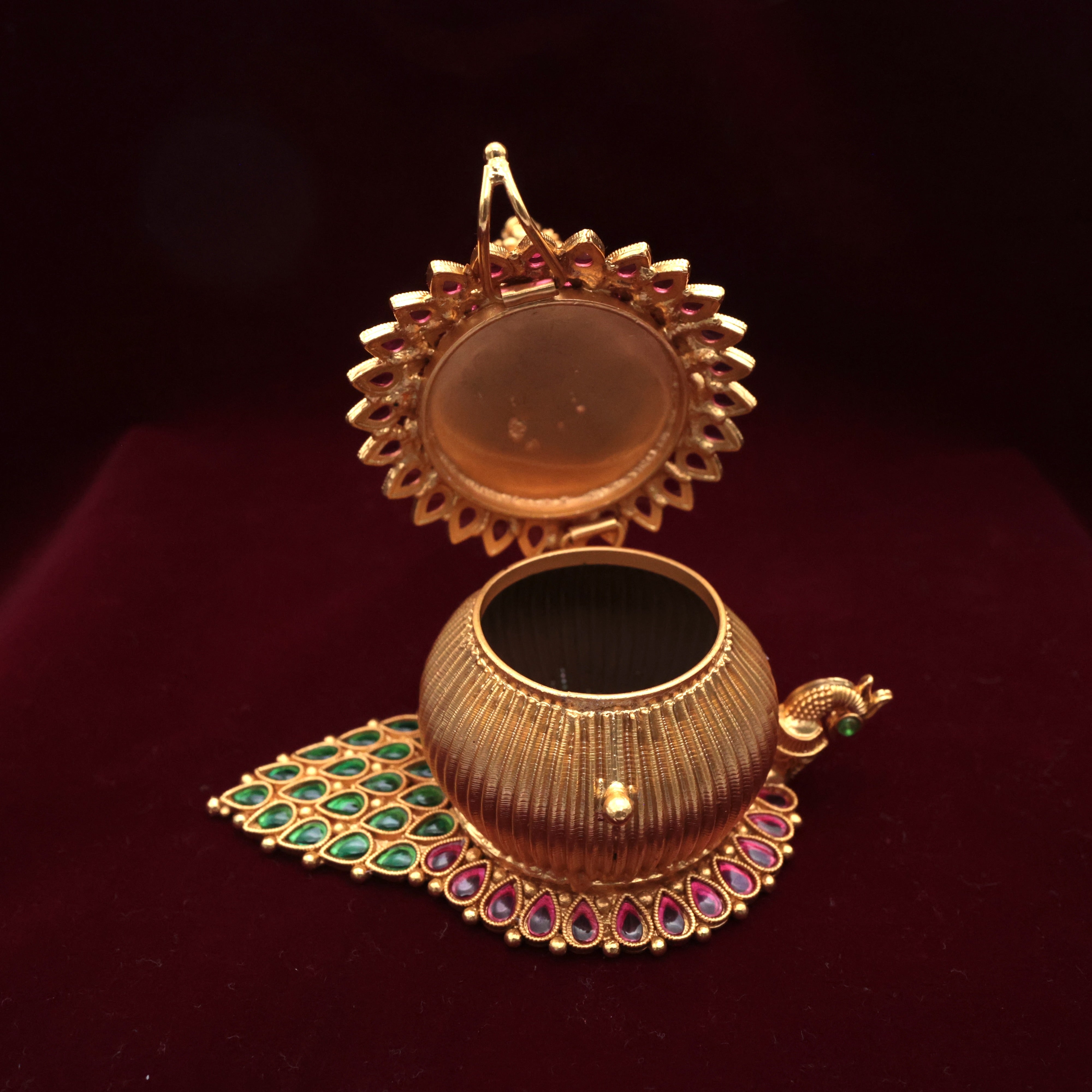 Beautiful Lakshmi on Peacock Kemp Antique Kumkum Box - Sindoor Dabbi