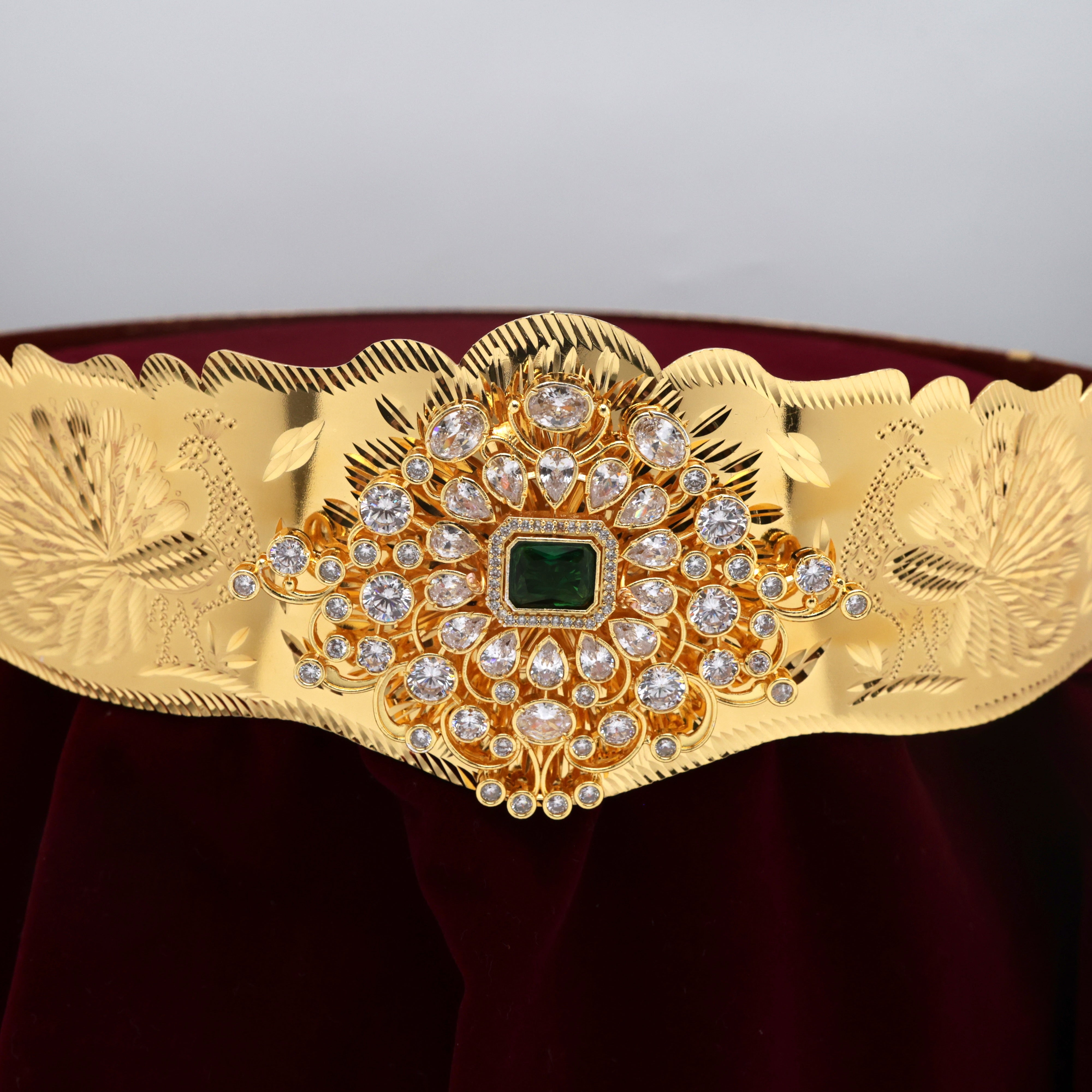 Gold Look Peacock Carved Diamond Look Pendant Adjustable Bridal Hip Belt