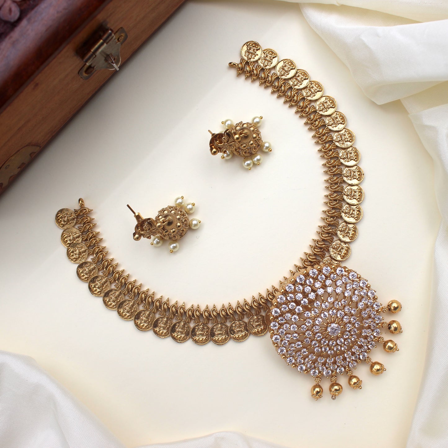 Antique Lakshmi Necklace with Removable AD Diamond Look Pendant