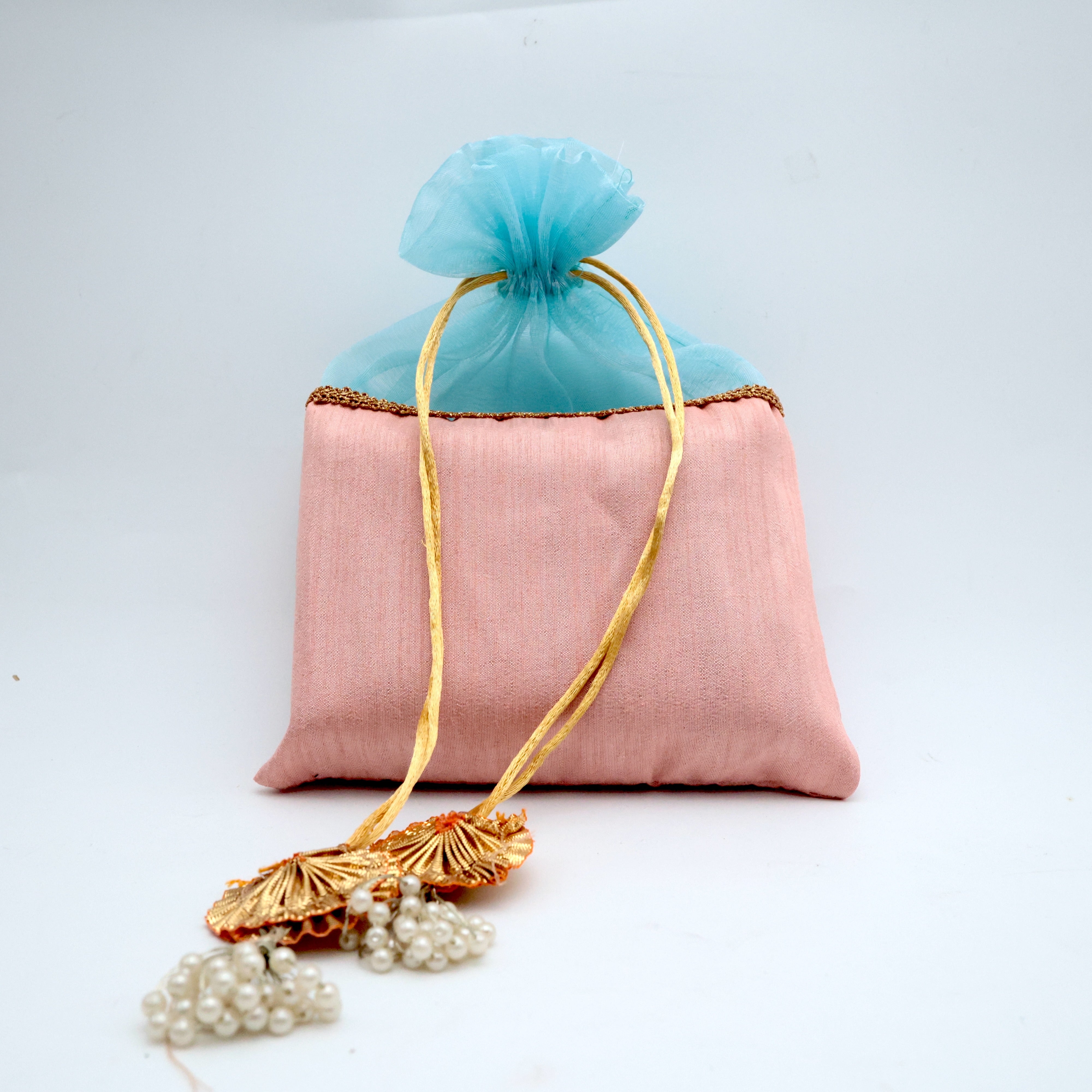 Raw Silk Fabric Bag & Potli - Light Blue & Pink - Best Bags For return Gift Option