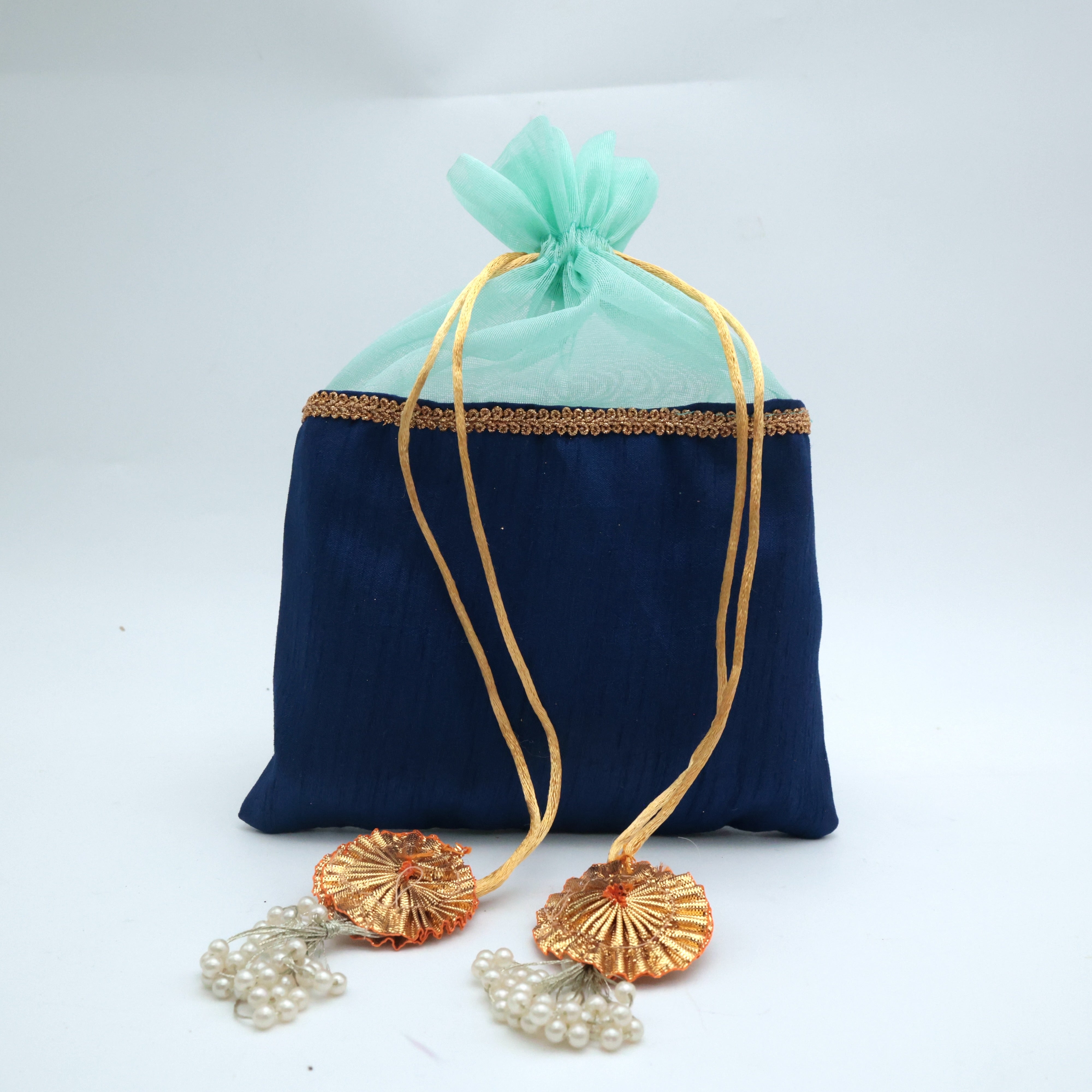 Raw Silk Fabric Bag & Potli - Blue - Best Bags For return Gift Option