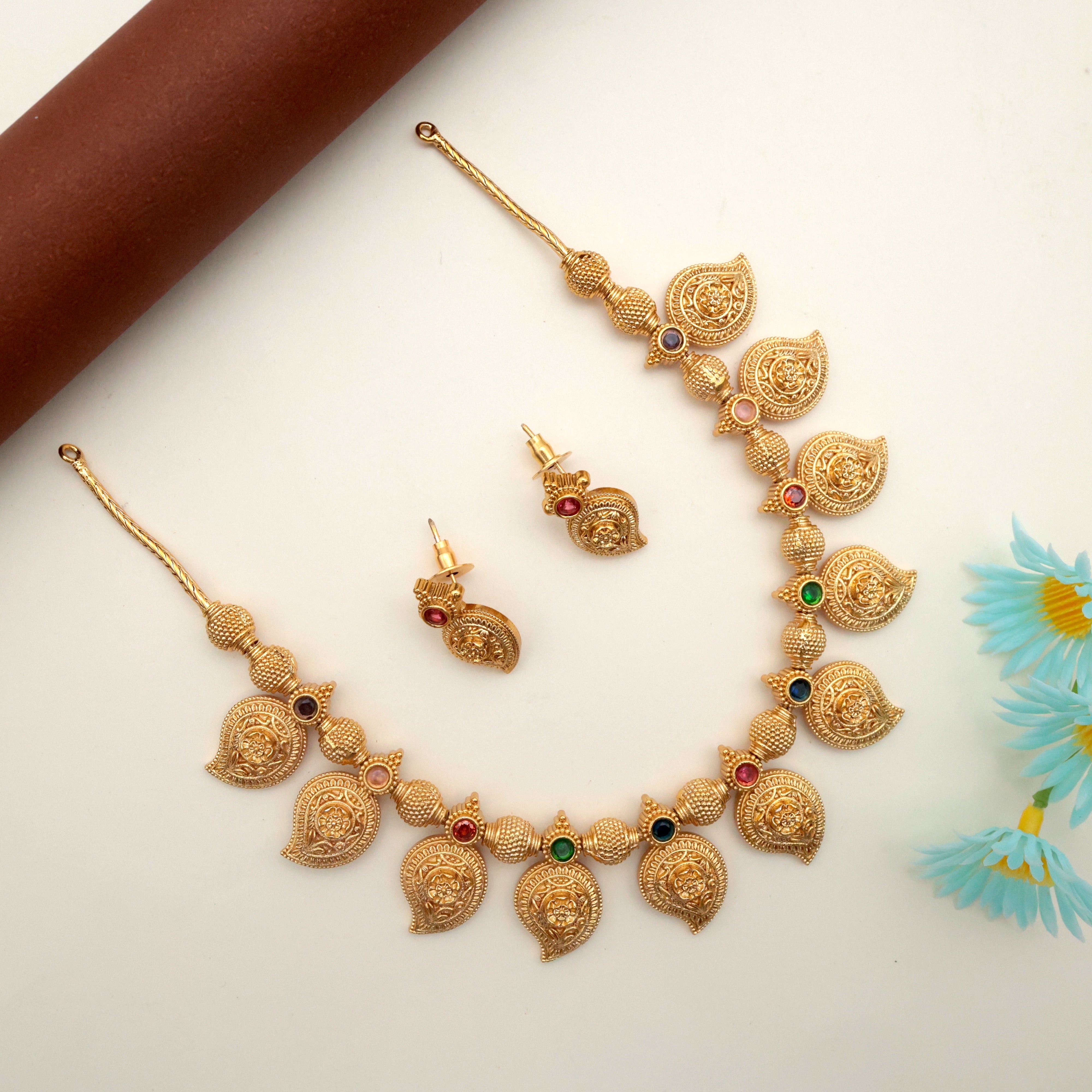 Antique Gold Nagas Paisley Lakshmi Multicolour Stone Necklace