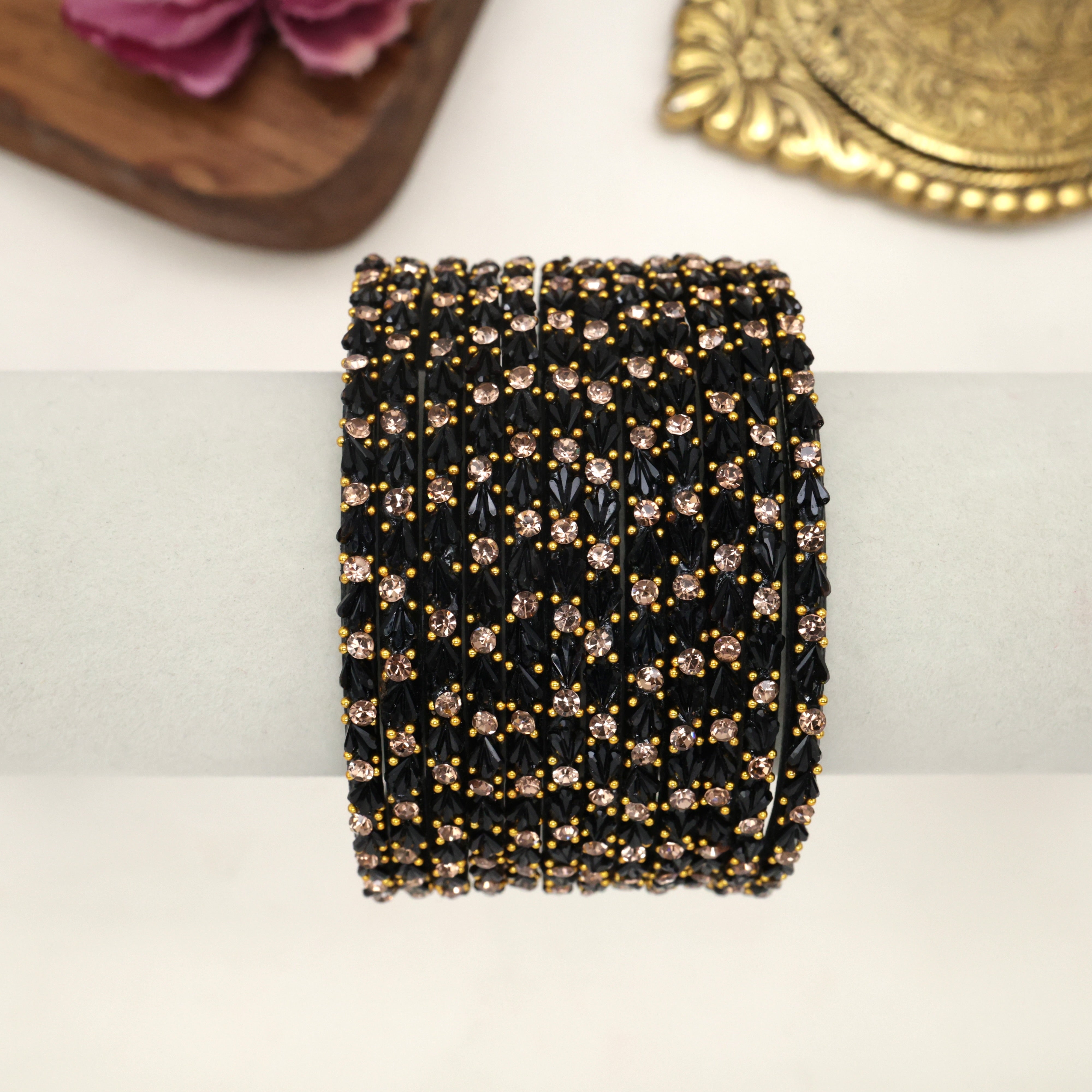 Premium Single Stone Work Tulip Cut Glass Bangles - Black