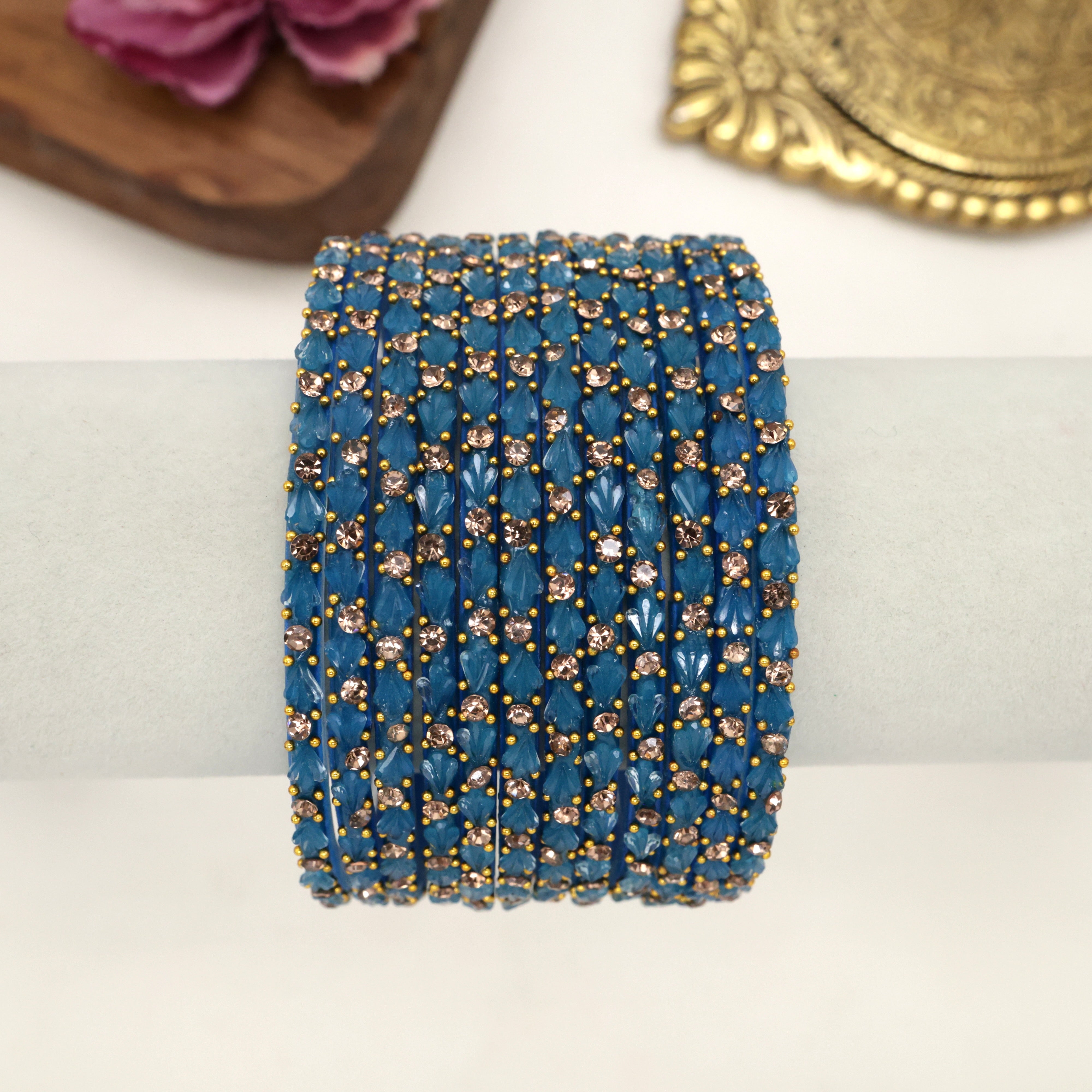 Premium Single Stone Work Tulip Cut Glass Bangles - Blue