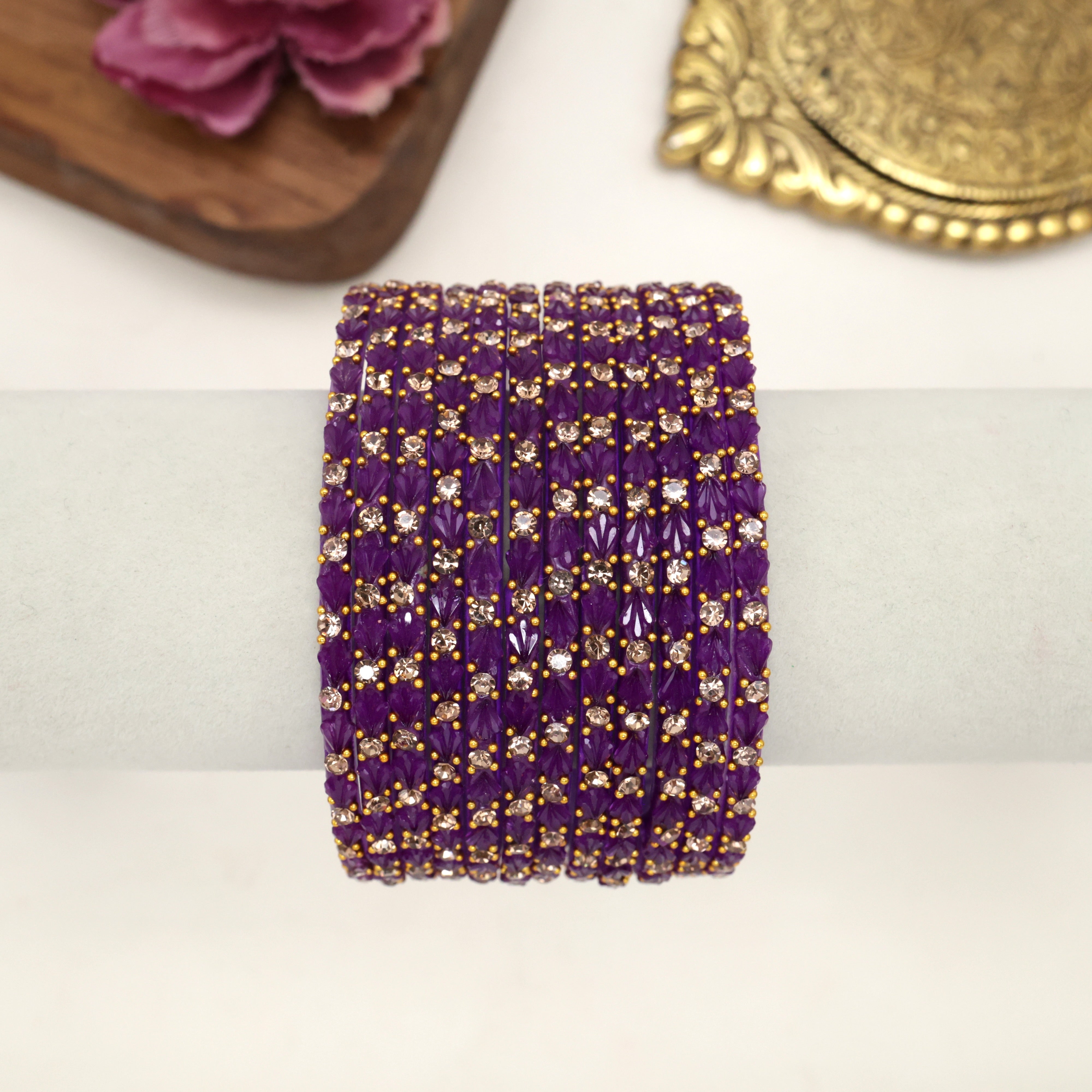 Premium Single Stone Work Tulip Cut Glass Bangles - Purple