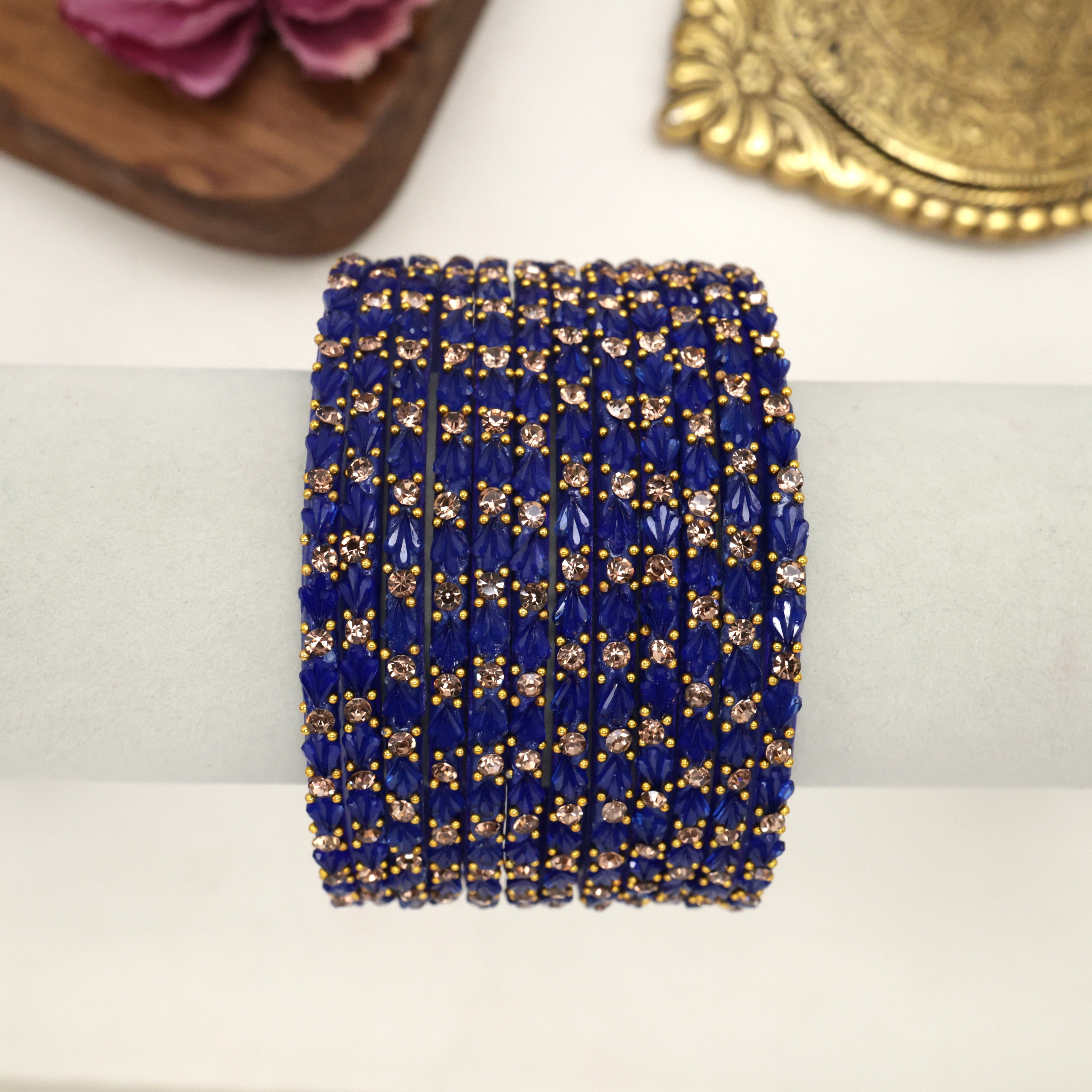 Premium Single Stone Work Tulip Cut Glass Bangles - Indigo