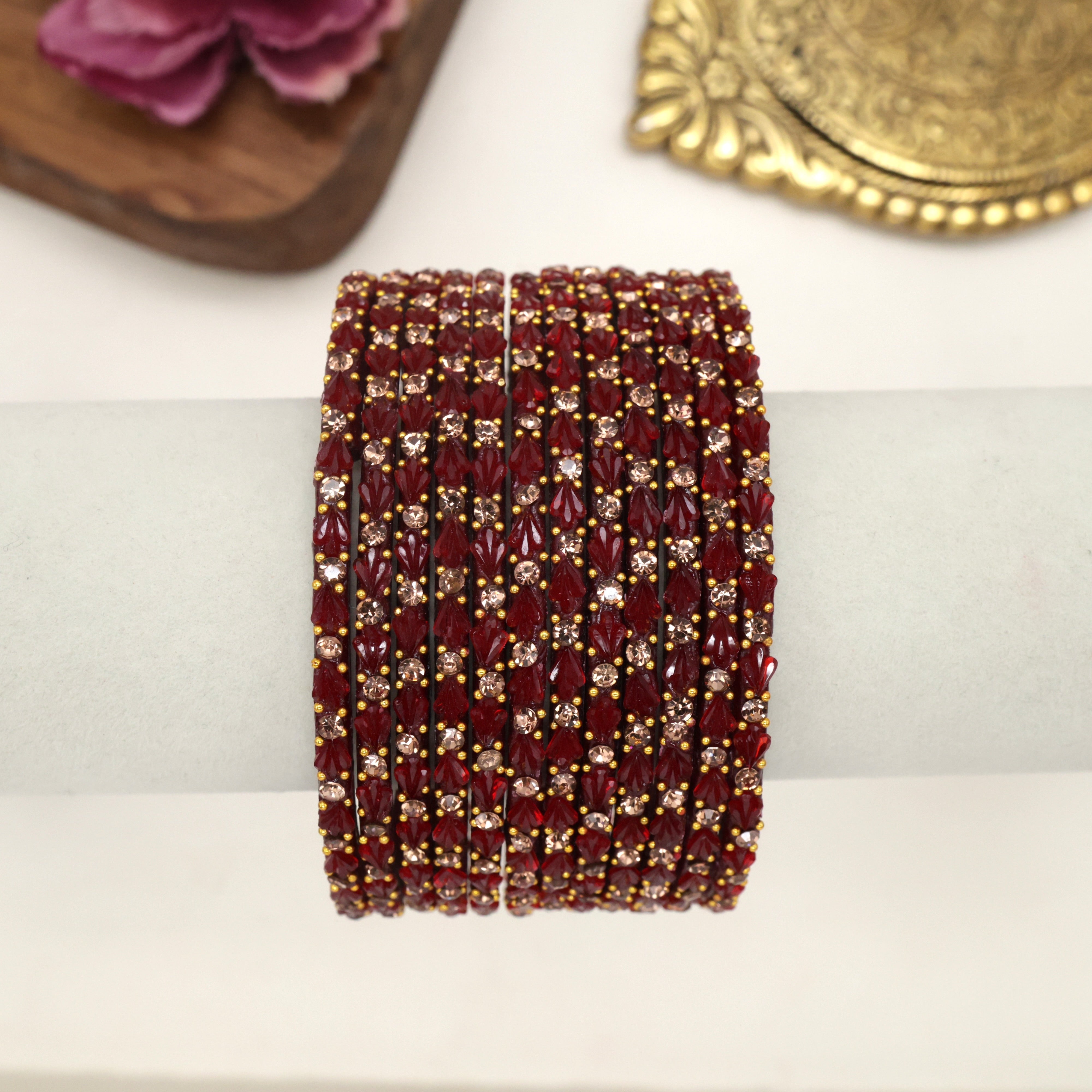 Premium Single Stone Work Tulip Cut Glass Bangles - Maroon