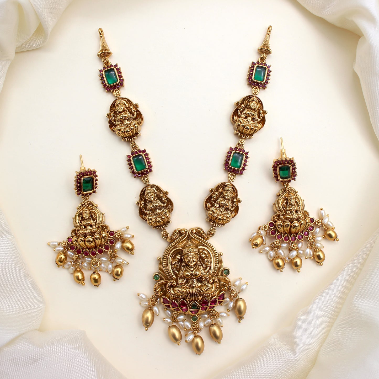 Antique Nagas AD Rectangle Stone Lakshmi Bridal Necklace Set
