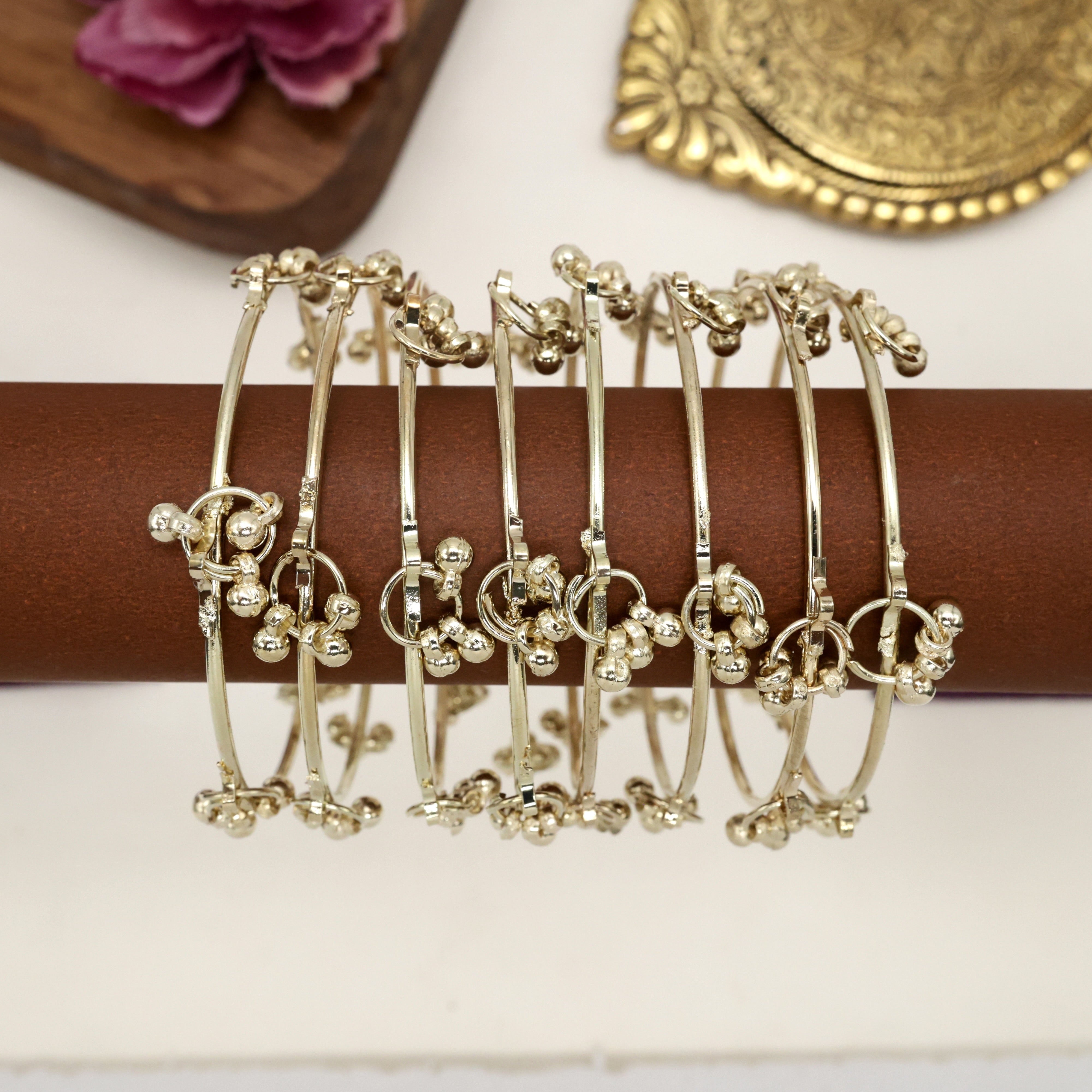 Set of 8 Kashmiri Ghungroo Thin Antique Gold Bangles