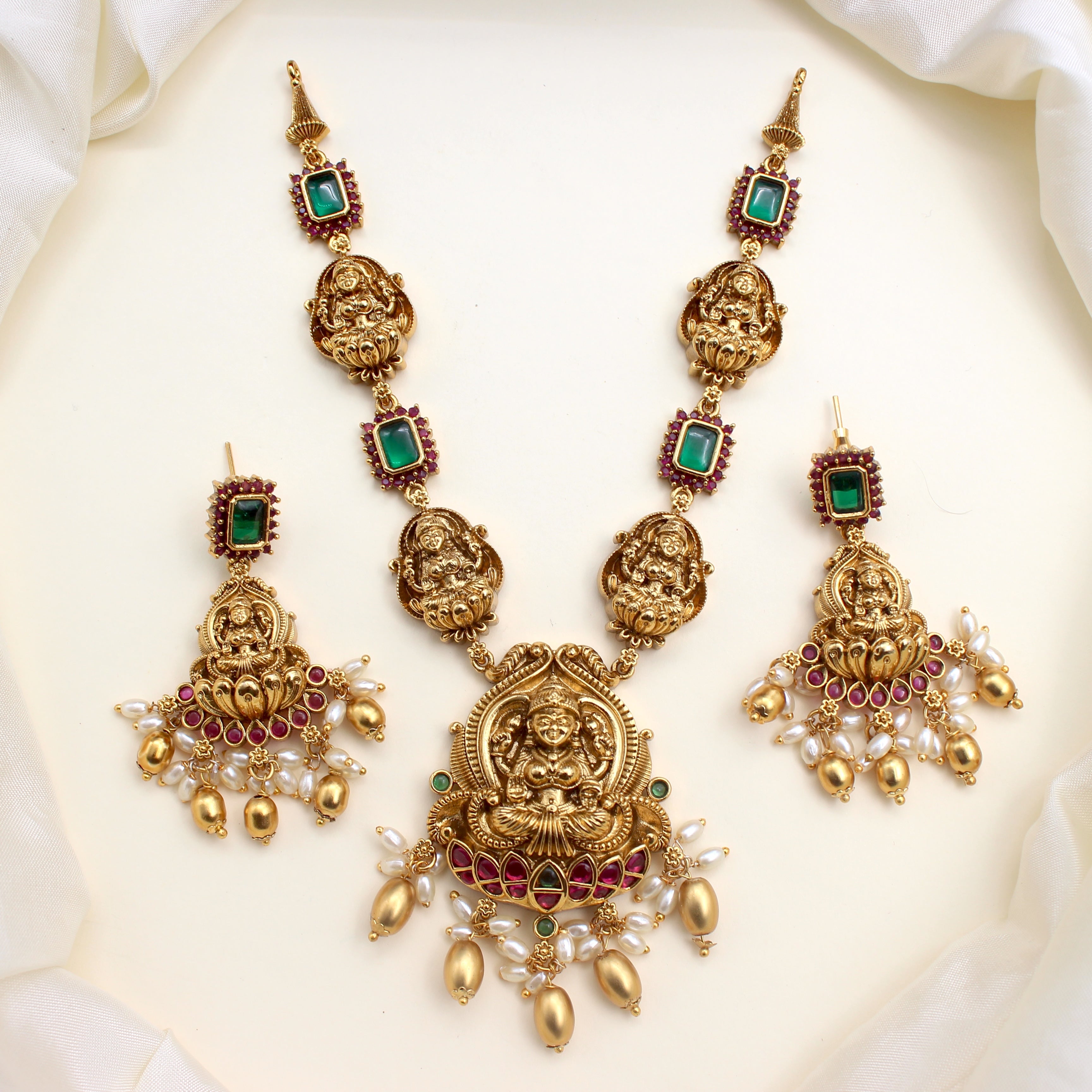 Antique Nagas AD Rectangle Stone Lakshmi Bridal Necklace Set