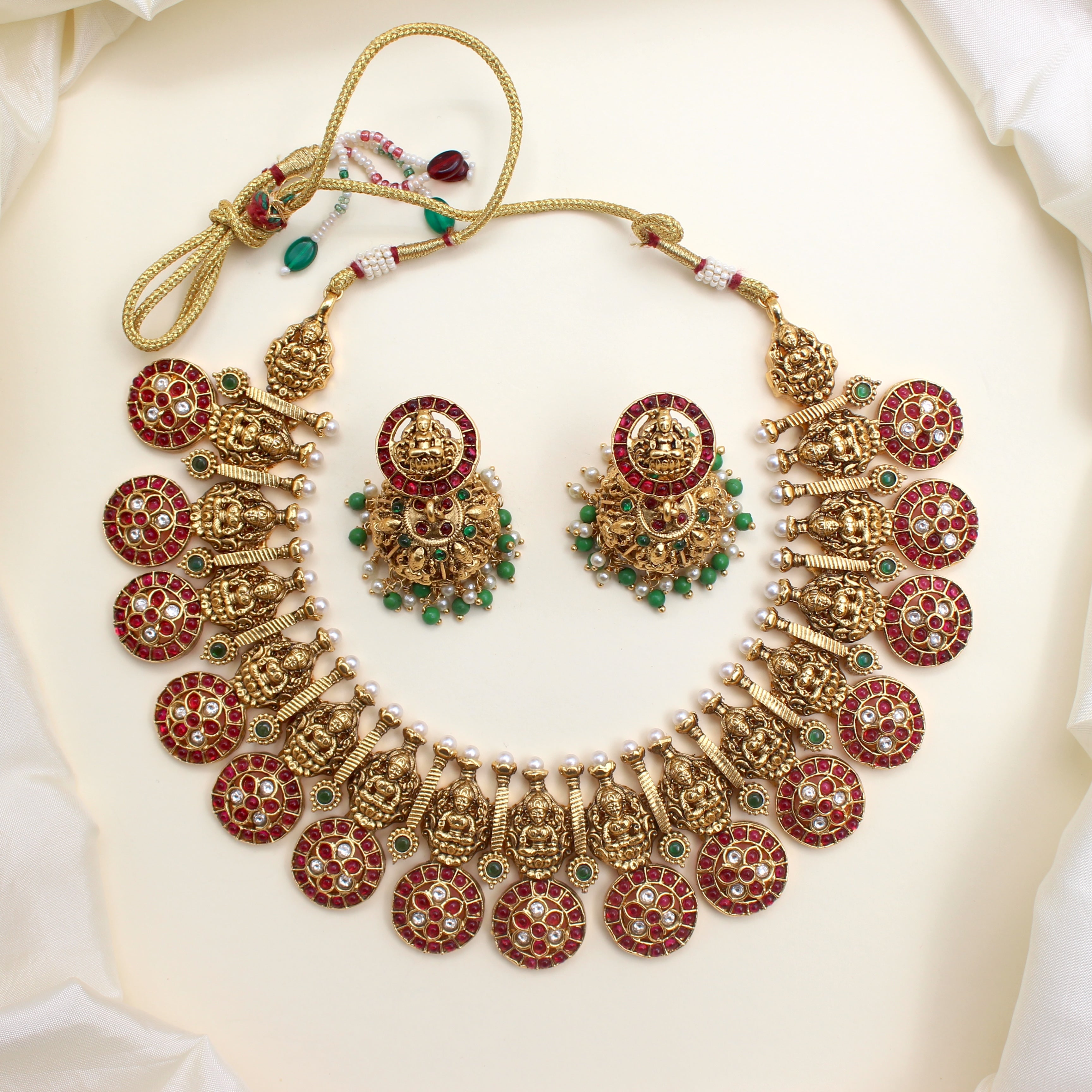 Antique Nagas Lakshmi Kemp Chakra Flower Heavy Bridal Necklace Set