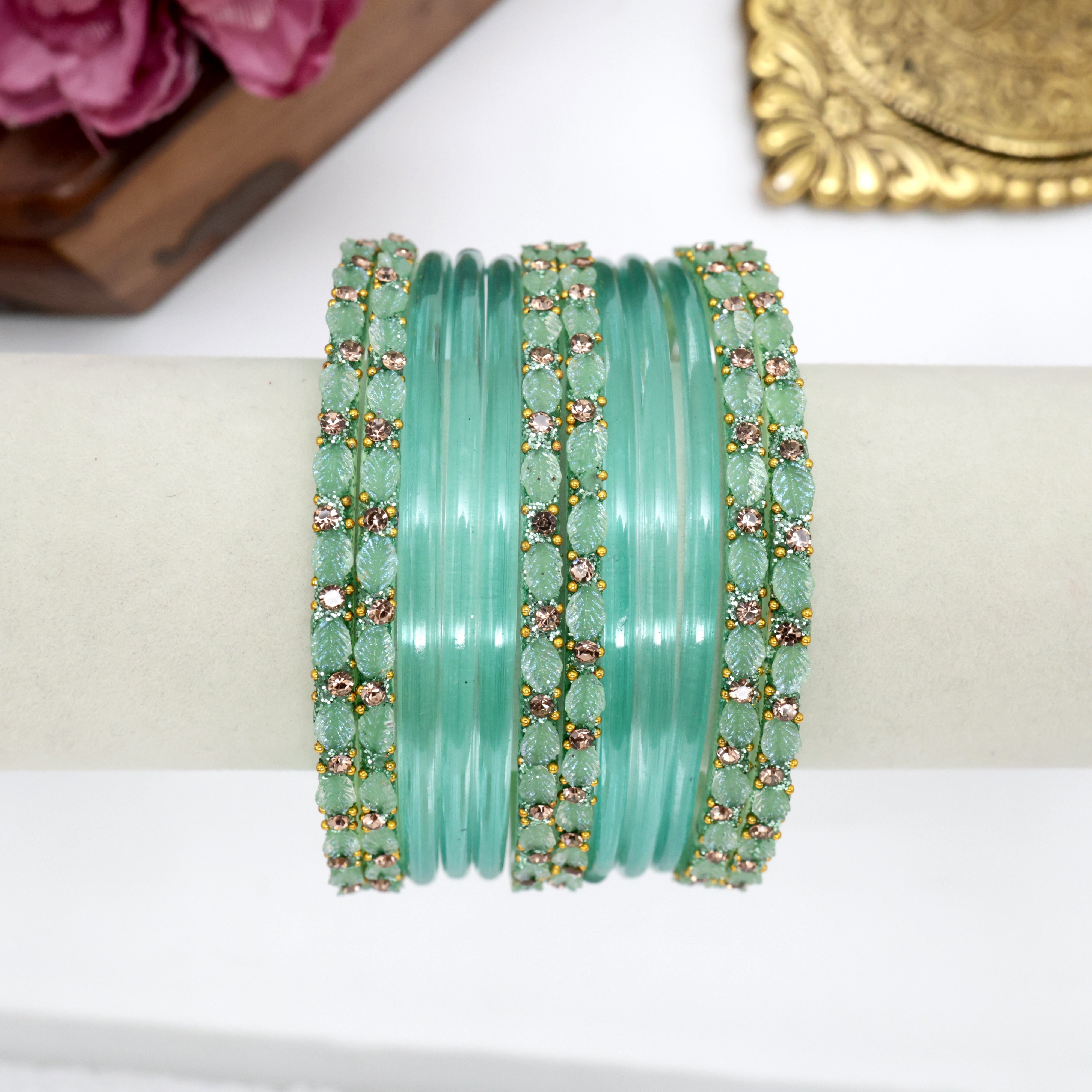 Leaf Cut Plain Bangles One Dozen Combo - Ice Blue - 2.6