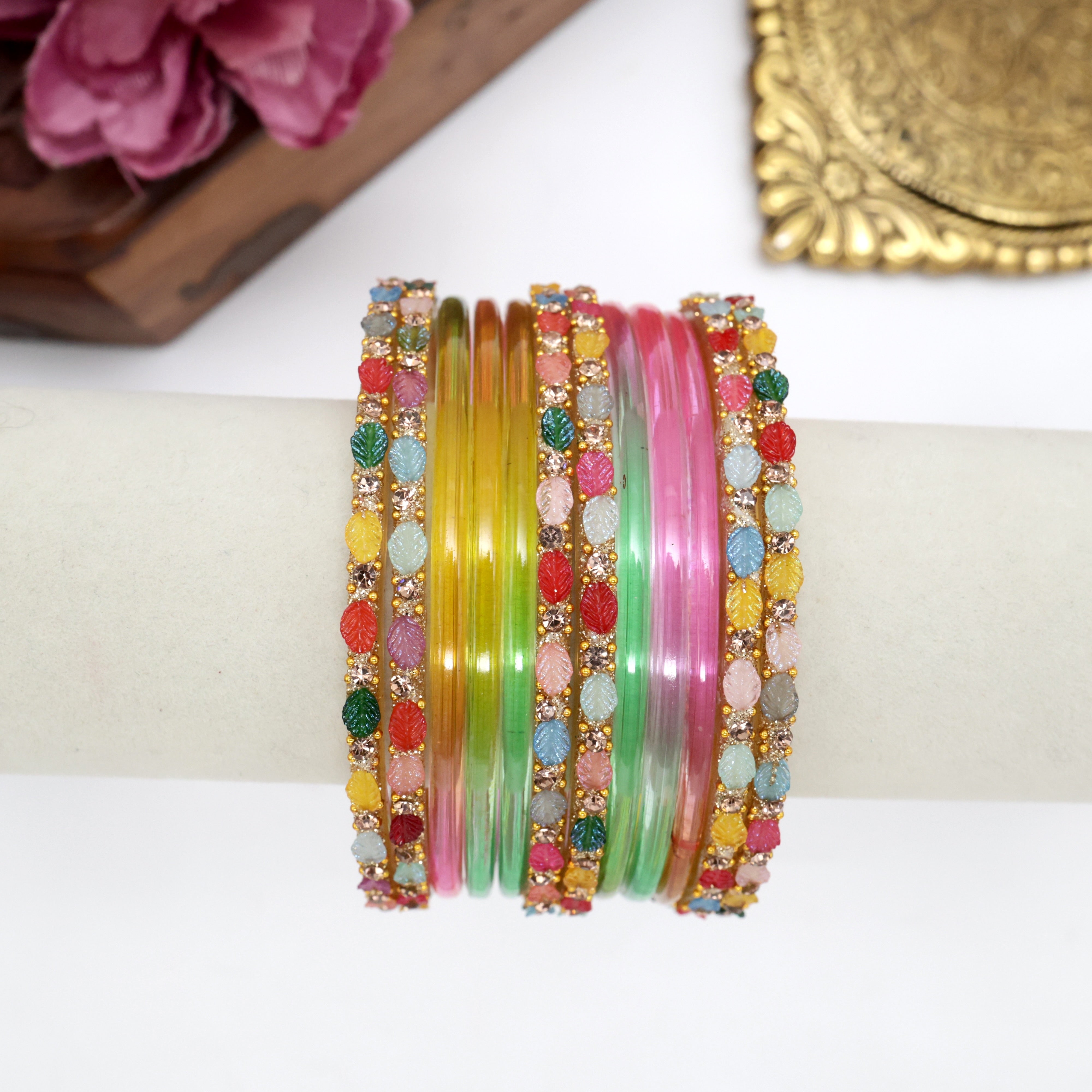 Leaf Cut Plain Bangles One Dozen Combo - Multicolour - 2.8