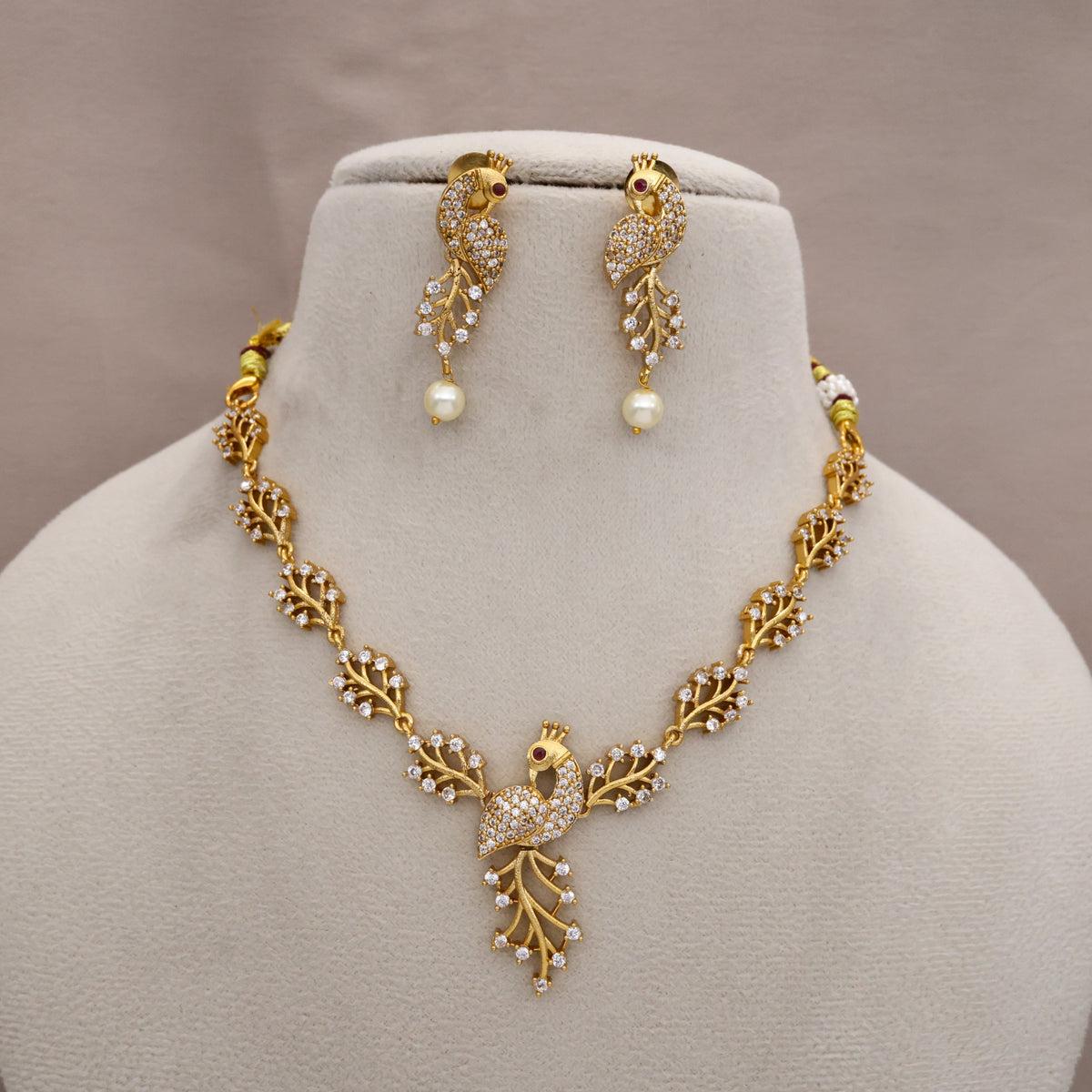 Diamond Look Leaf Peacock AD Necklace Set
