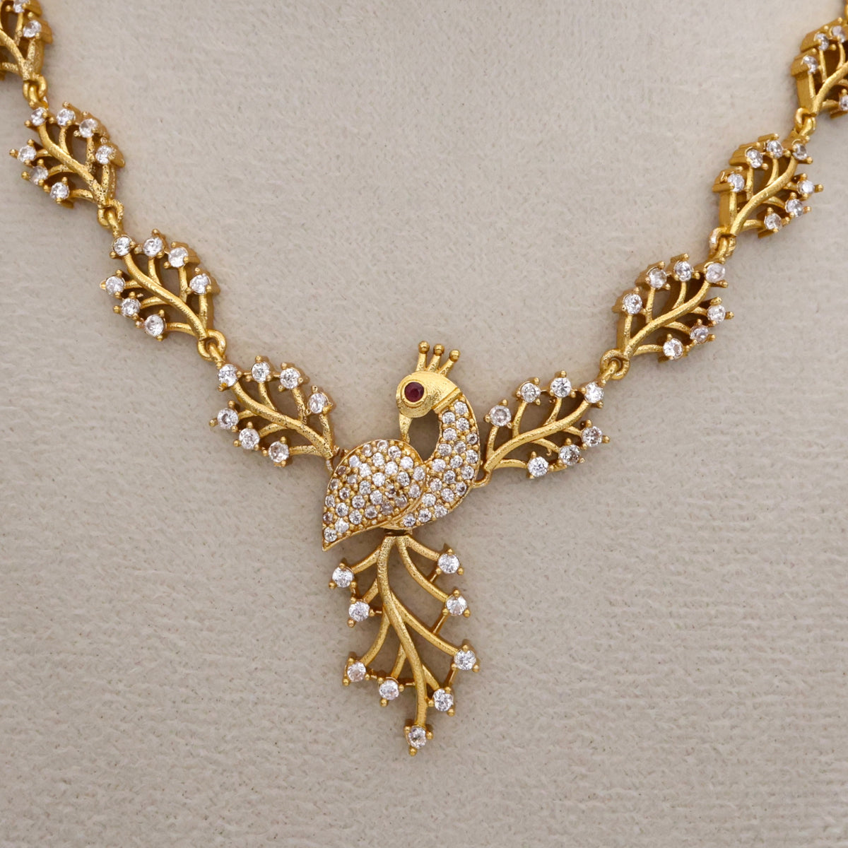 Diamond Look Leaf Peacock AD Necklace Set