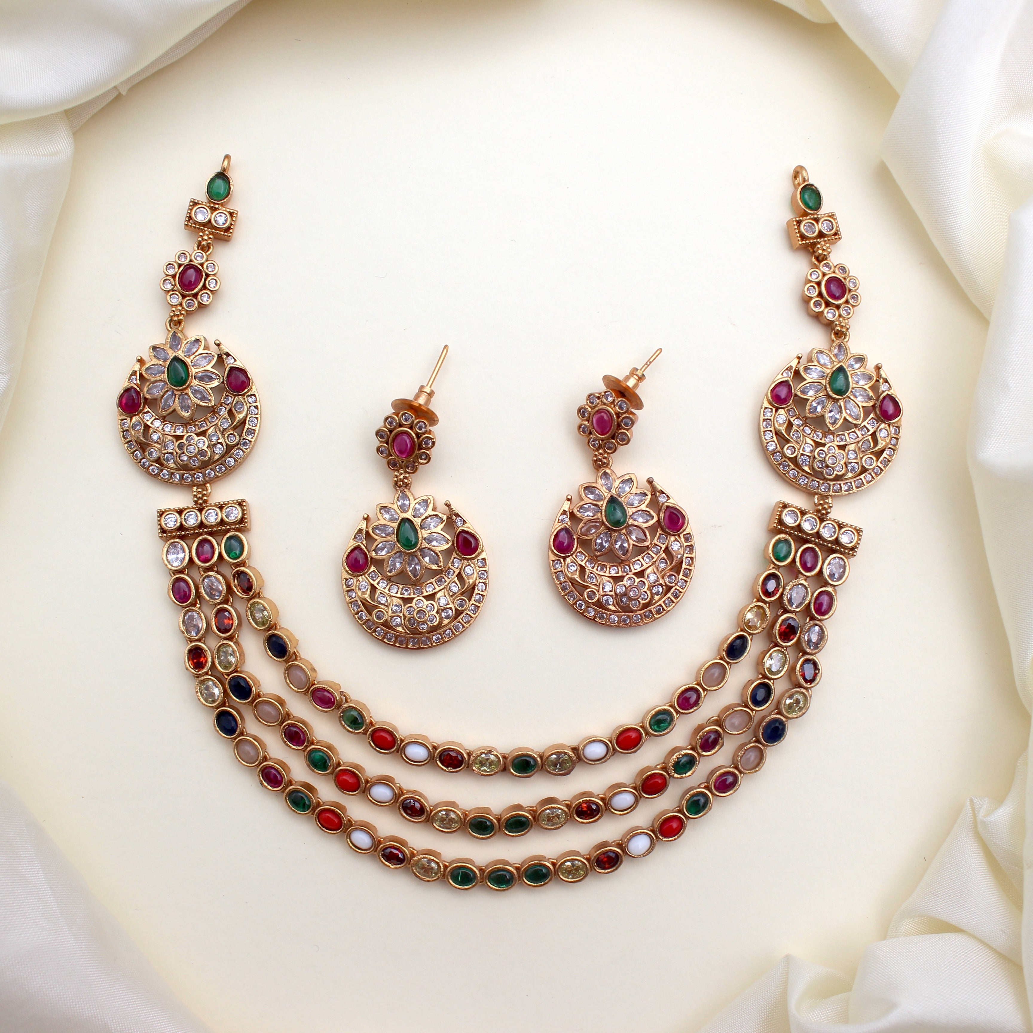 Three Layer Flower Chaand Navarathna Necklace Set