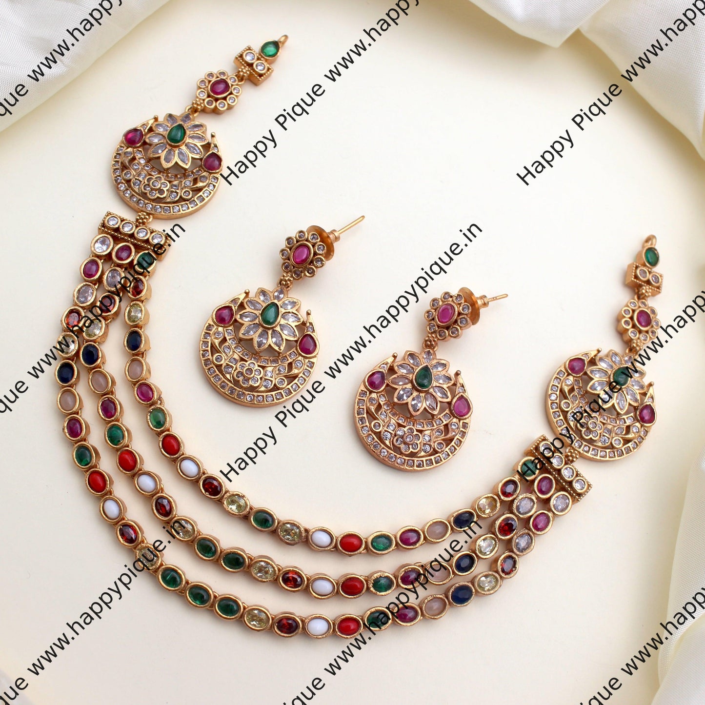 Three Layer Flower Chaand Navarathna Necklace Set