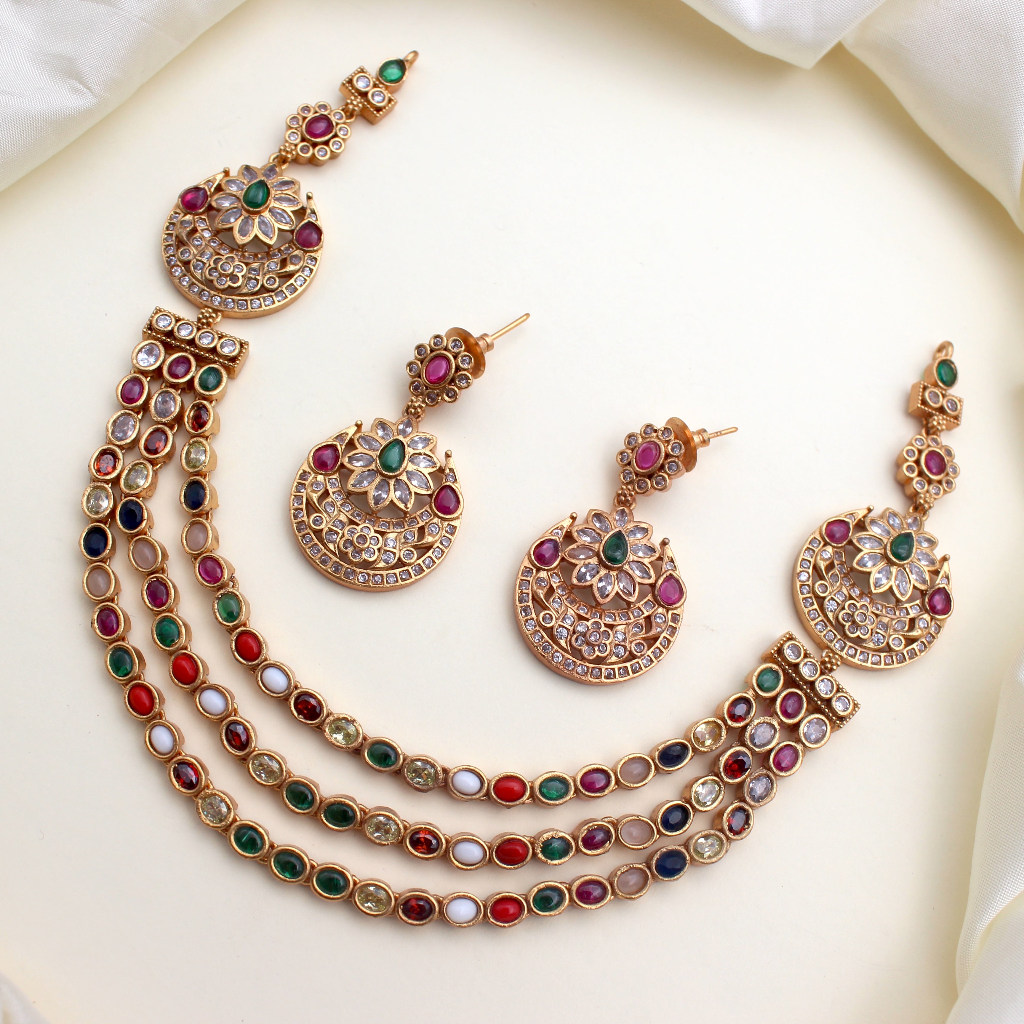 Three Layer Flower Chaand Navarathna Necklace Set