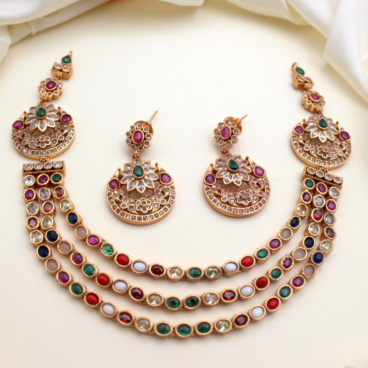 Three Layer Flower Chaand Navarathna Necklace Set