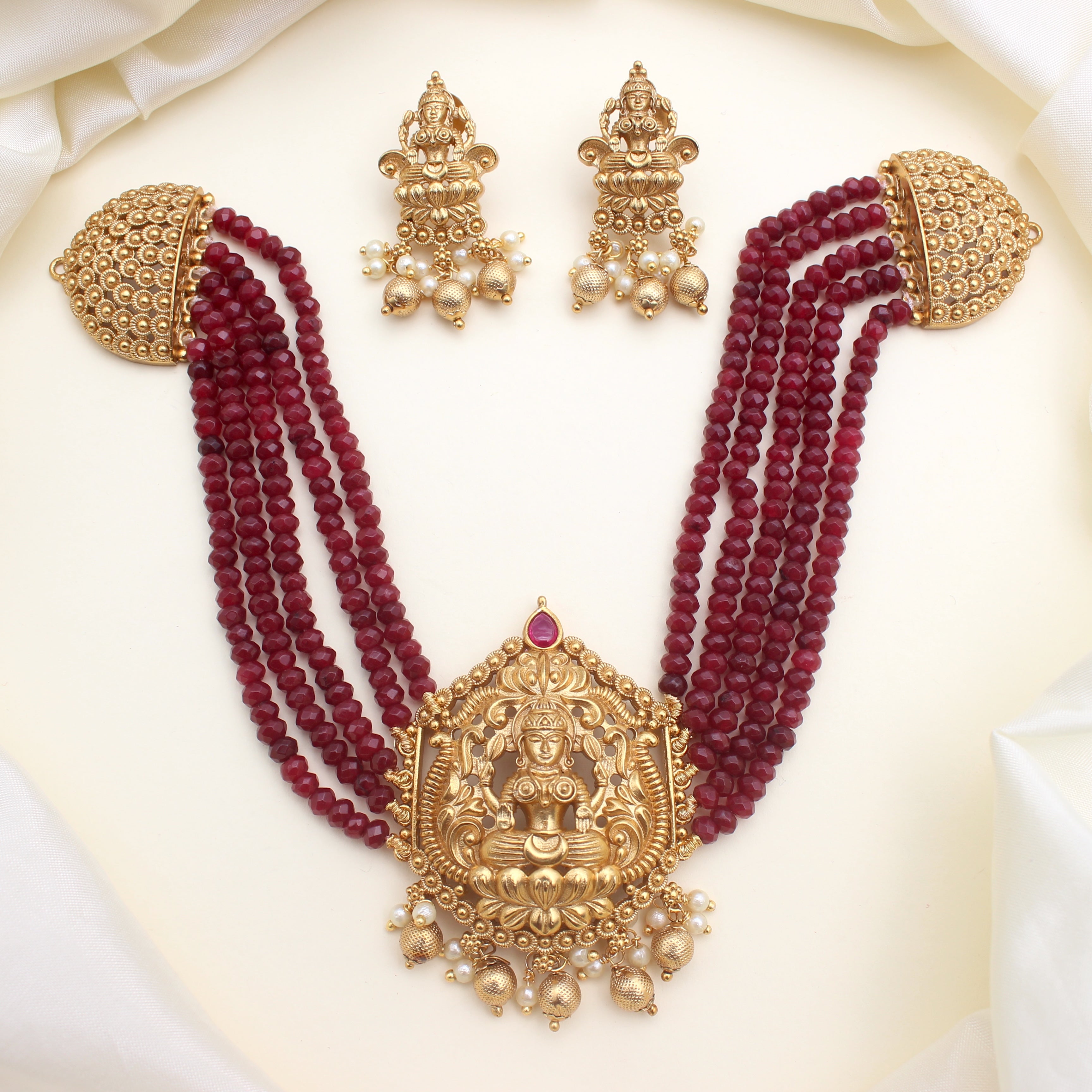 Handmade Mahalakshmi Beads Bridal Choker Set - Maroon