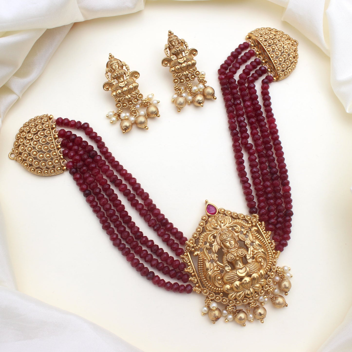 Handmade Mahalakshmi Beads Bridal Choker Set - Maroon
