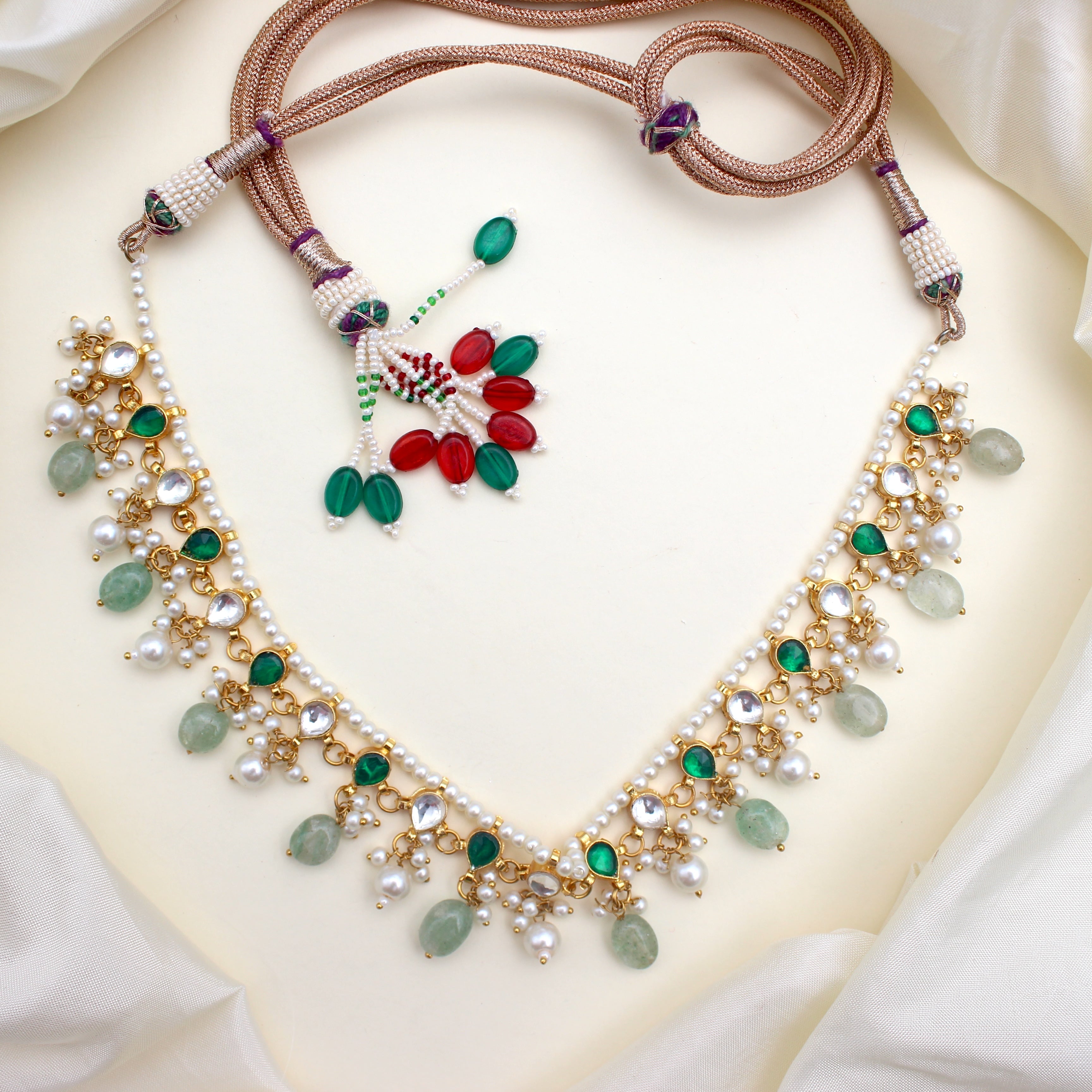 Handmade Jadau Kundan Pearl Rani Necklace Set - Mint Green