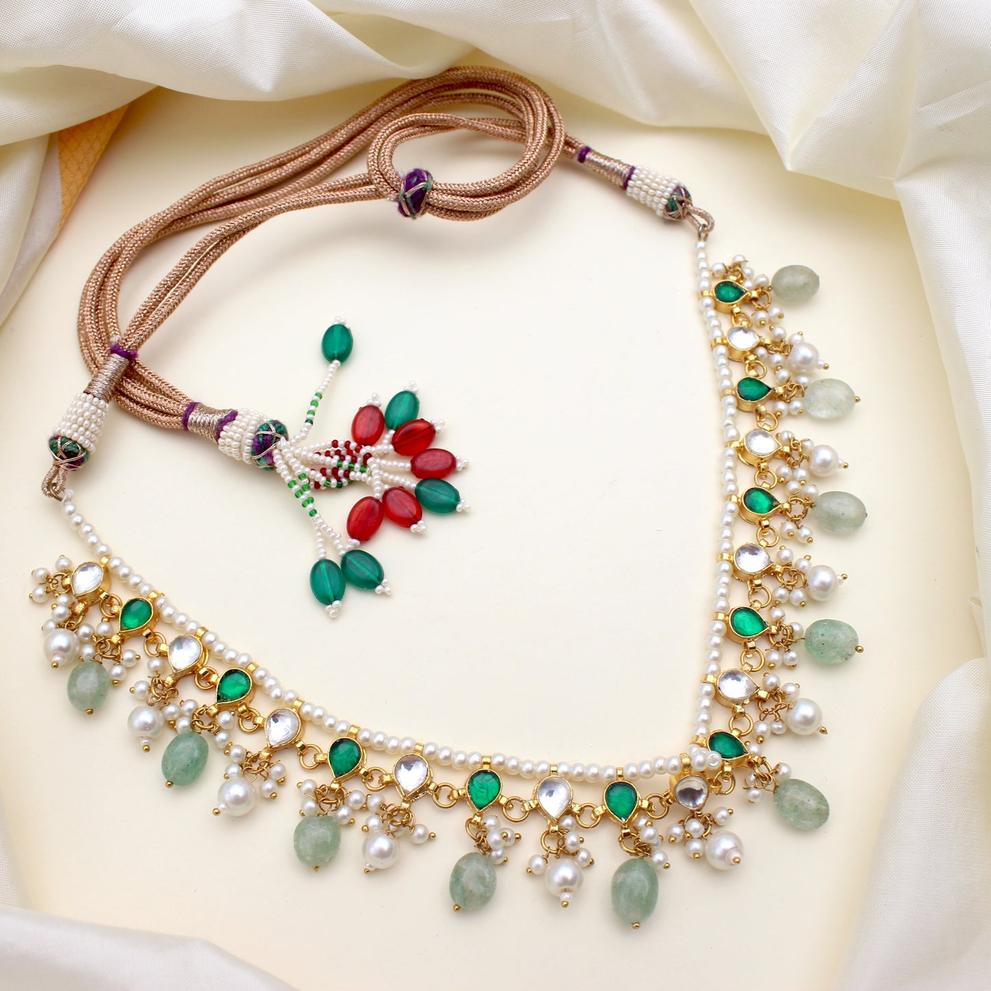 Handmade Jadau Kundan Pearl Rani Necklace Set - Mint Green