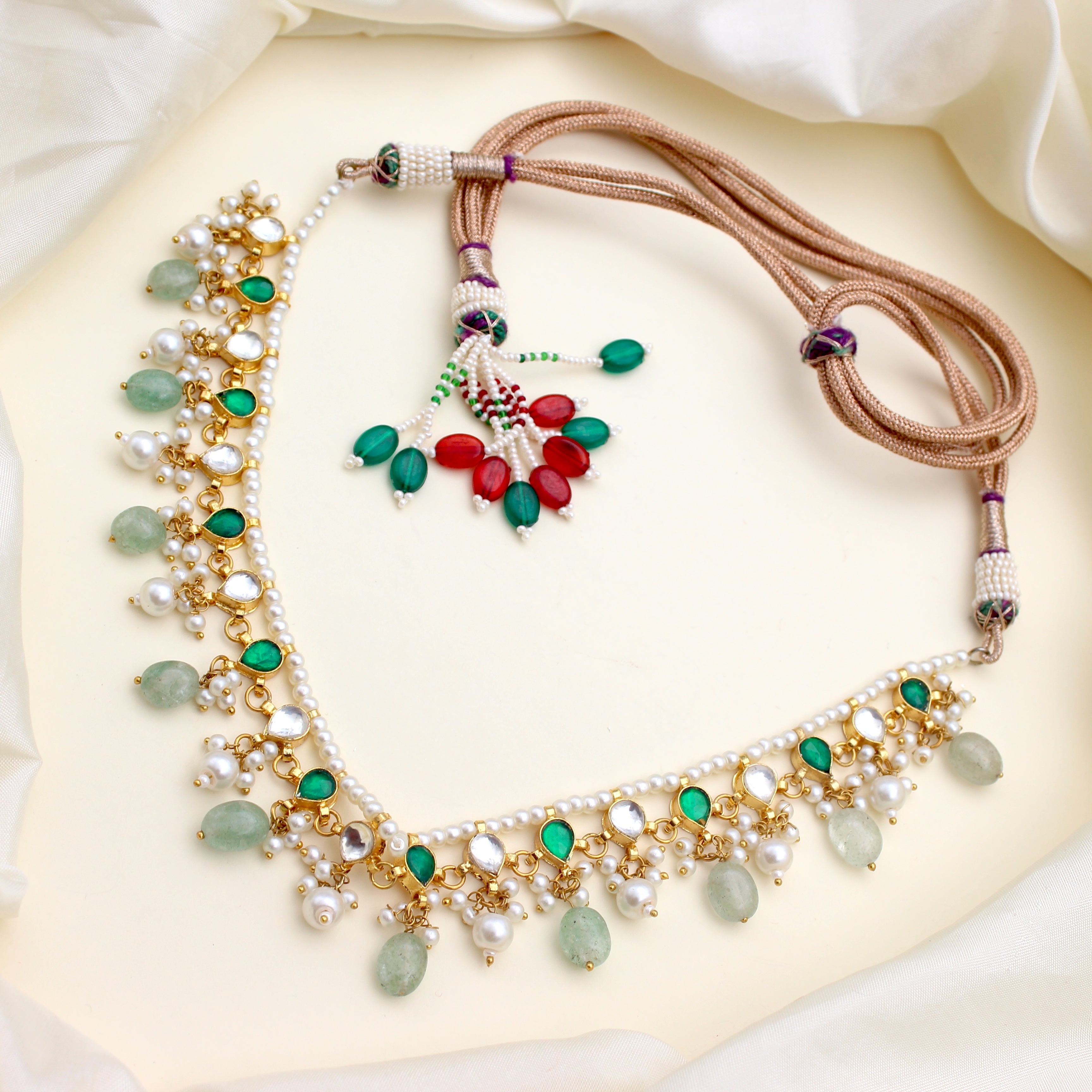 Handmade Jadau Kundan Pearl Rani Necklace Set - Mint Green