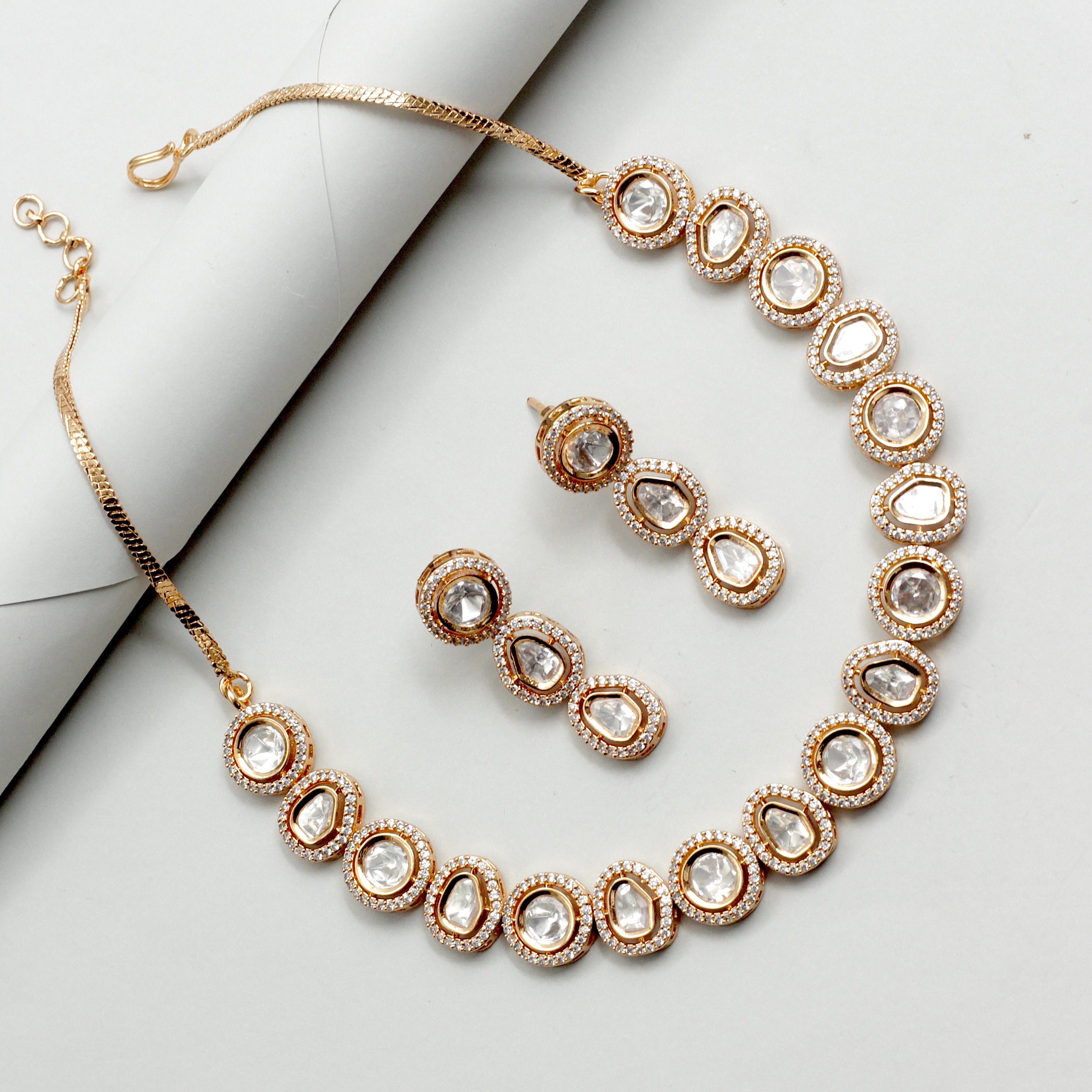 Premium Single Line Rose Gold Bridal Kundan Necklace Set