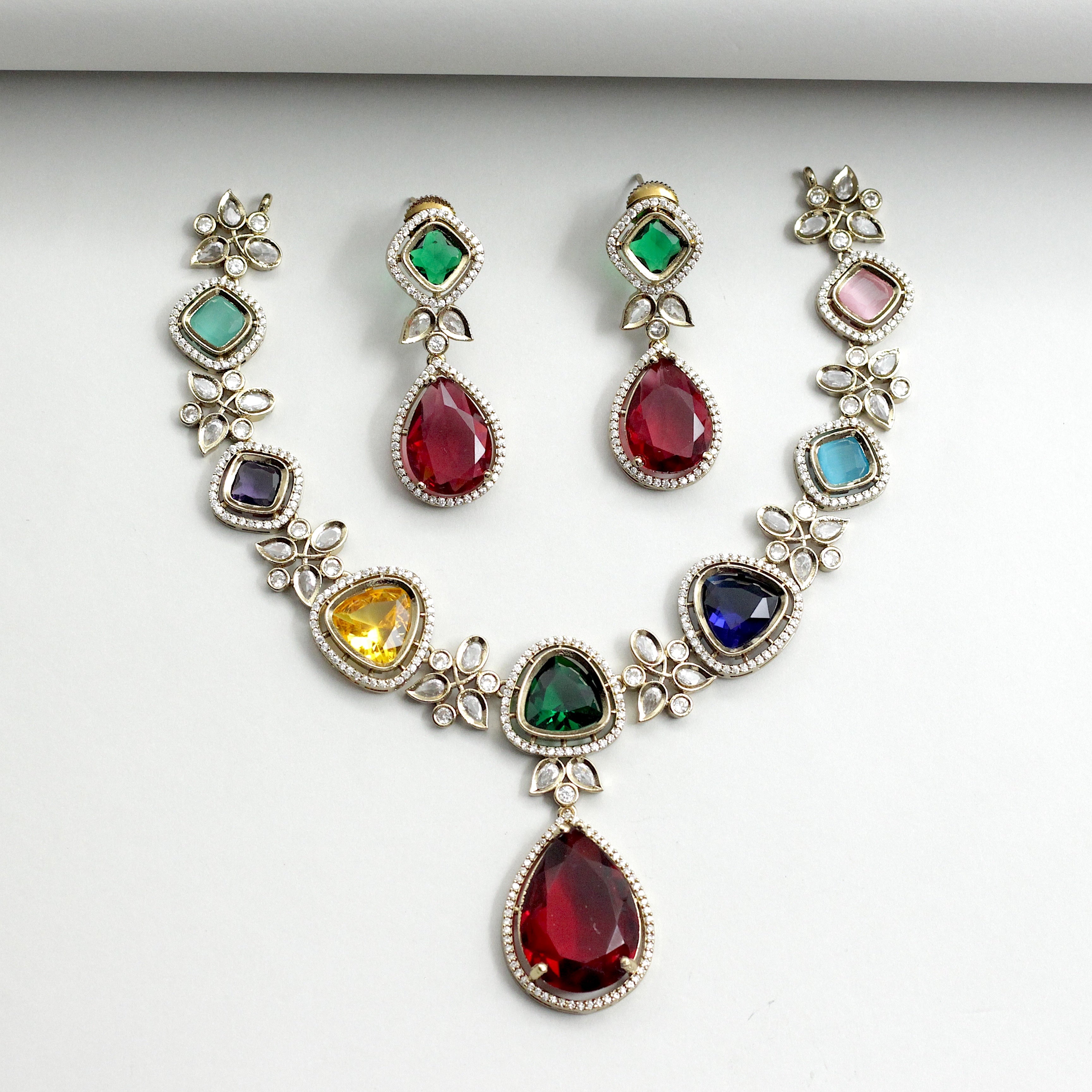 Premium Victorian Multi Colour Stone Bridal Necklace Set