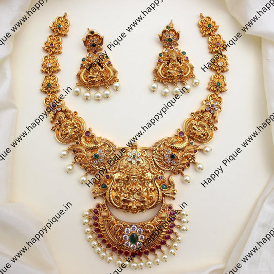 Real Gold Tone Heavy Nagas Lakshmi Chand Bridal Necklace Set