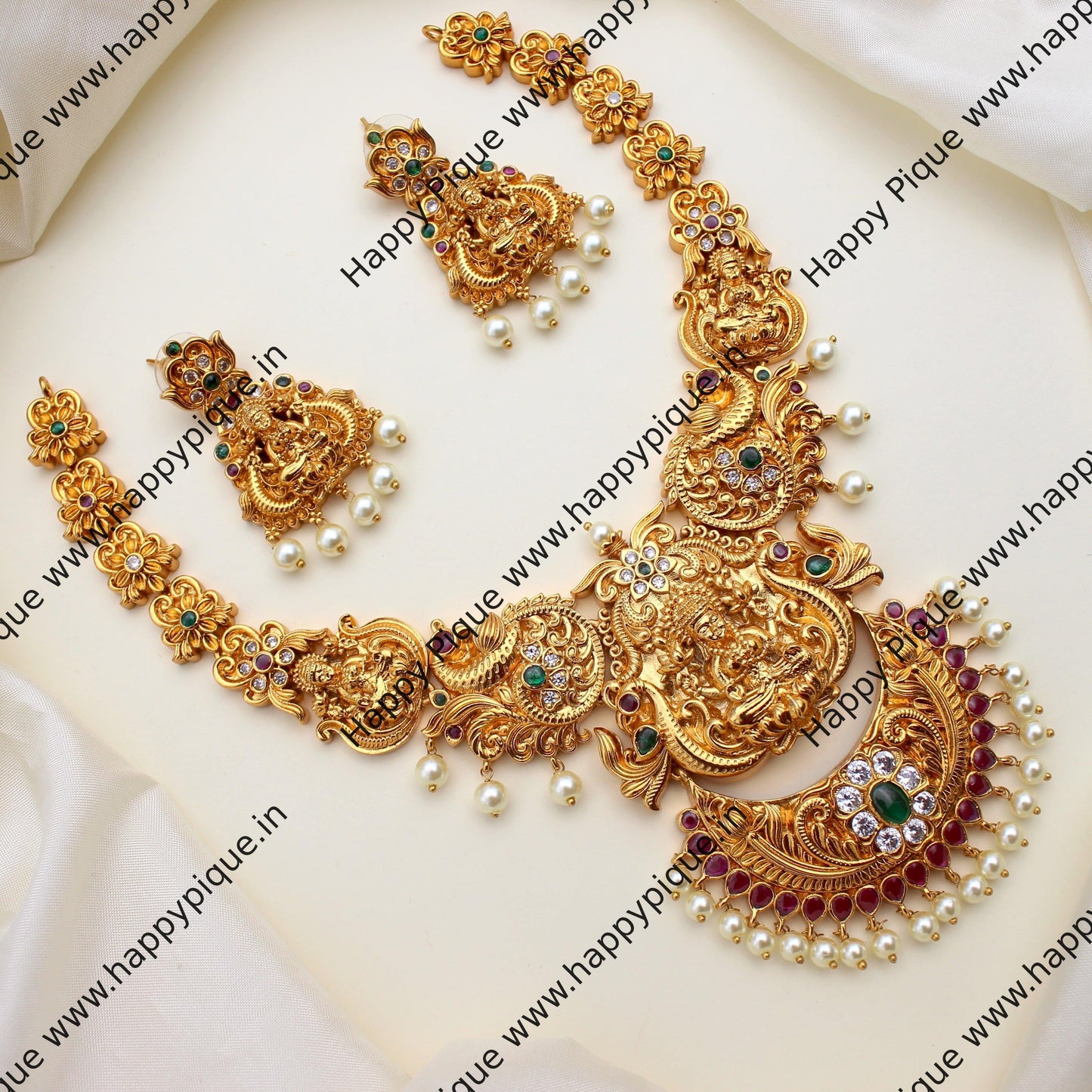 Real Gold Tone Heavy Nagas Lakshmi Chand Bridal Necklace Set