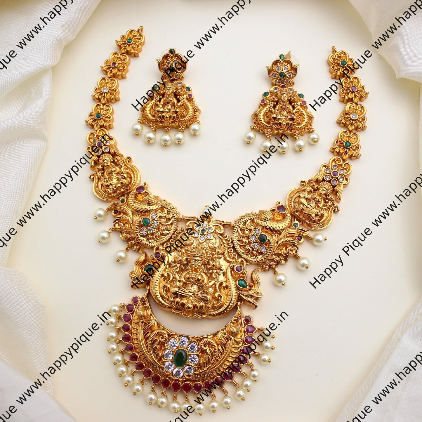 Real Gold Tone Heavy Nagas Lakshmi Chand Bridal Necklace Set