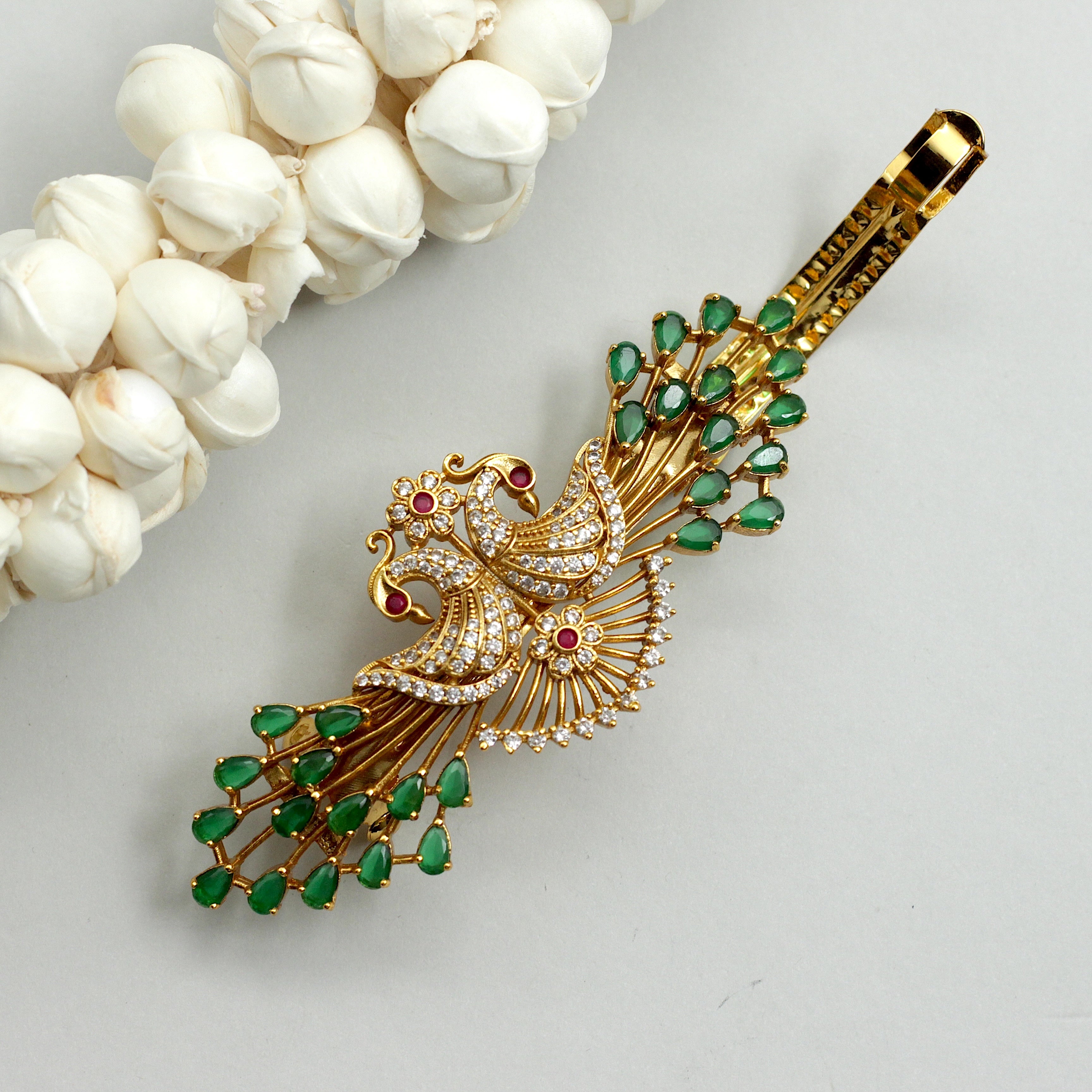 Antique Gold AD Peacock Designer Bridal Hair Clip - French Barette Hair Clip