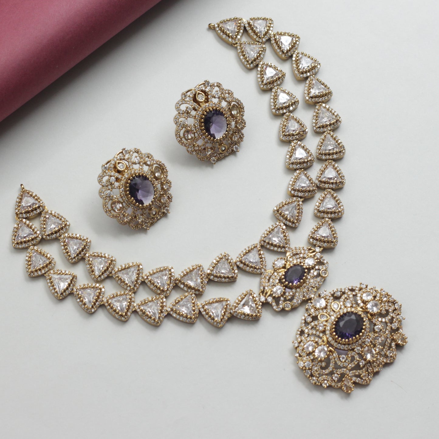 Two Line Victorian Diamond Look Bridal Necklace Set