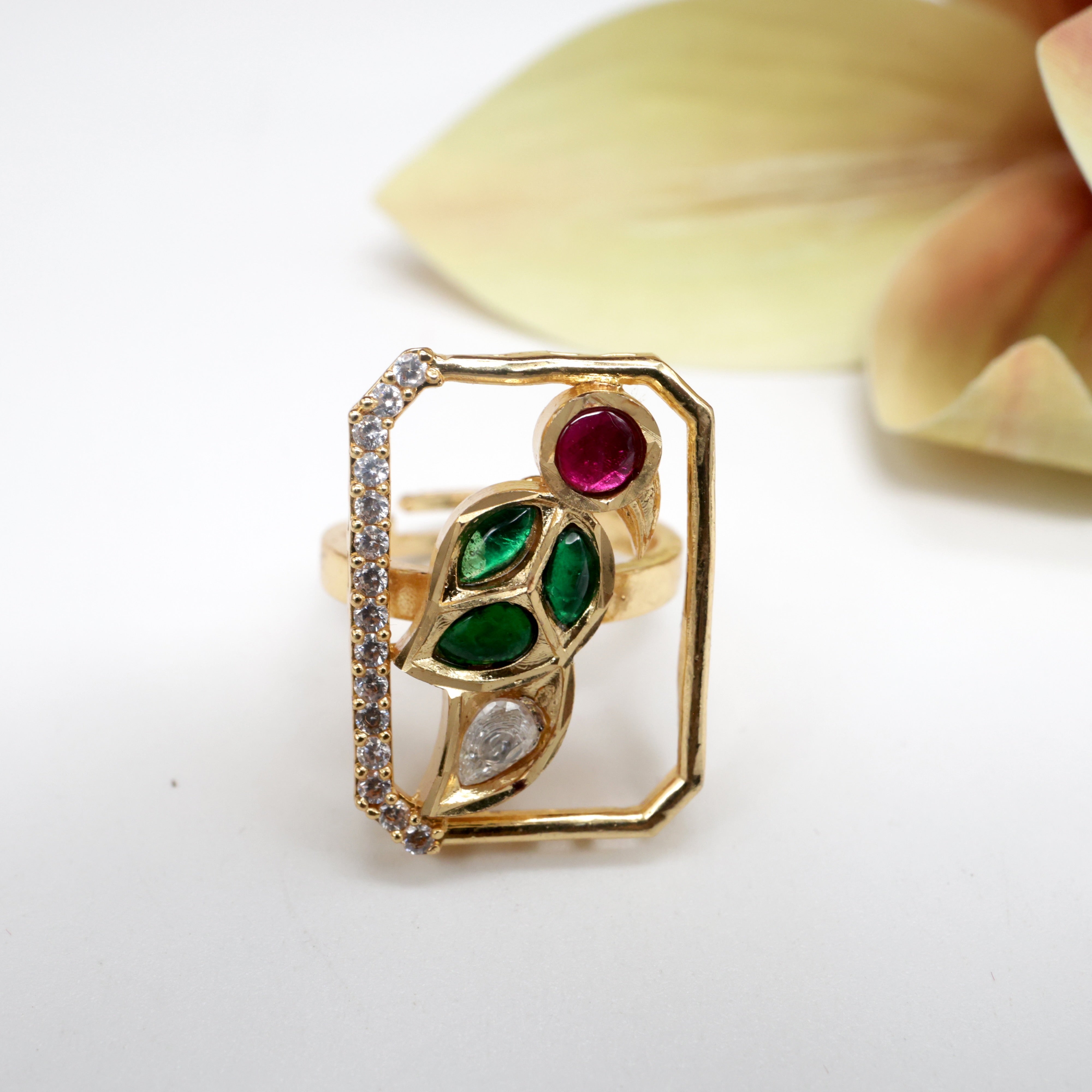 Premium Moissanite Jadau Kundan Parrot Adjustable Finger Ring - Multi