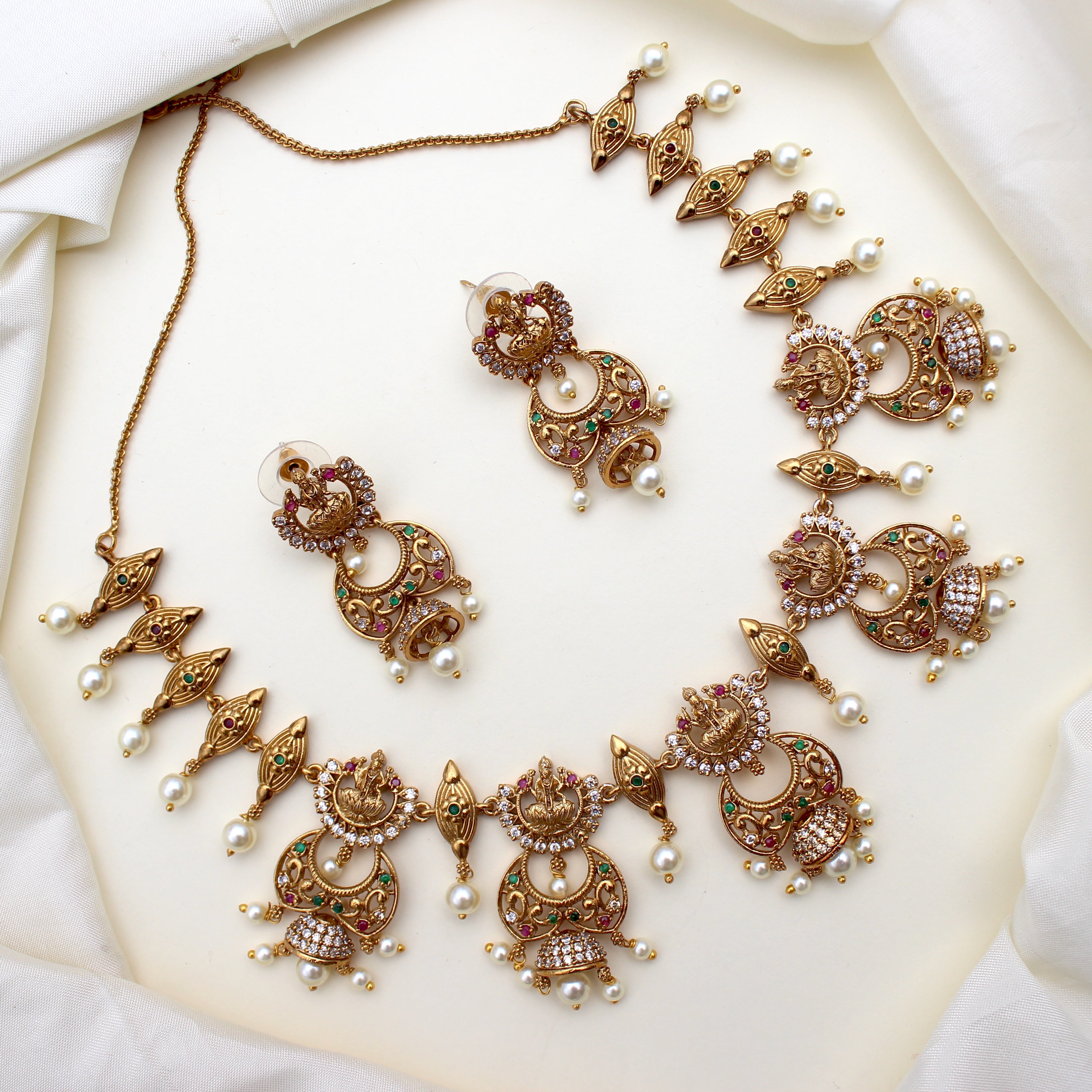 Antique Matte AD Lakshmi Chaandini Lightweight Cutwork Necklace Set