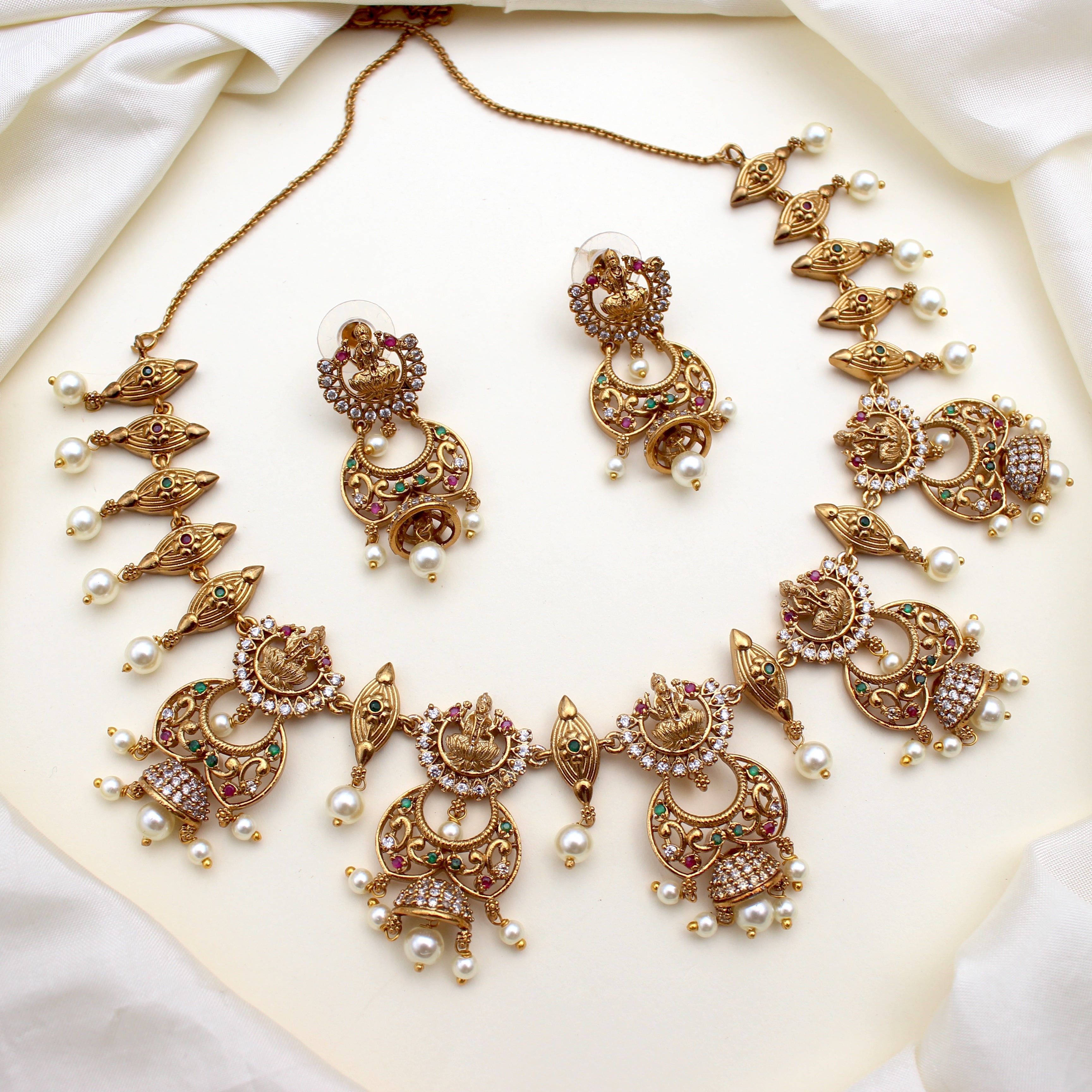 Antique Matte AD Lakshmi Chaandini Lightweight Cutwork Necklace Set